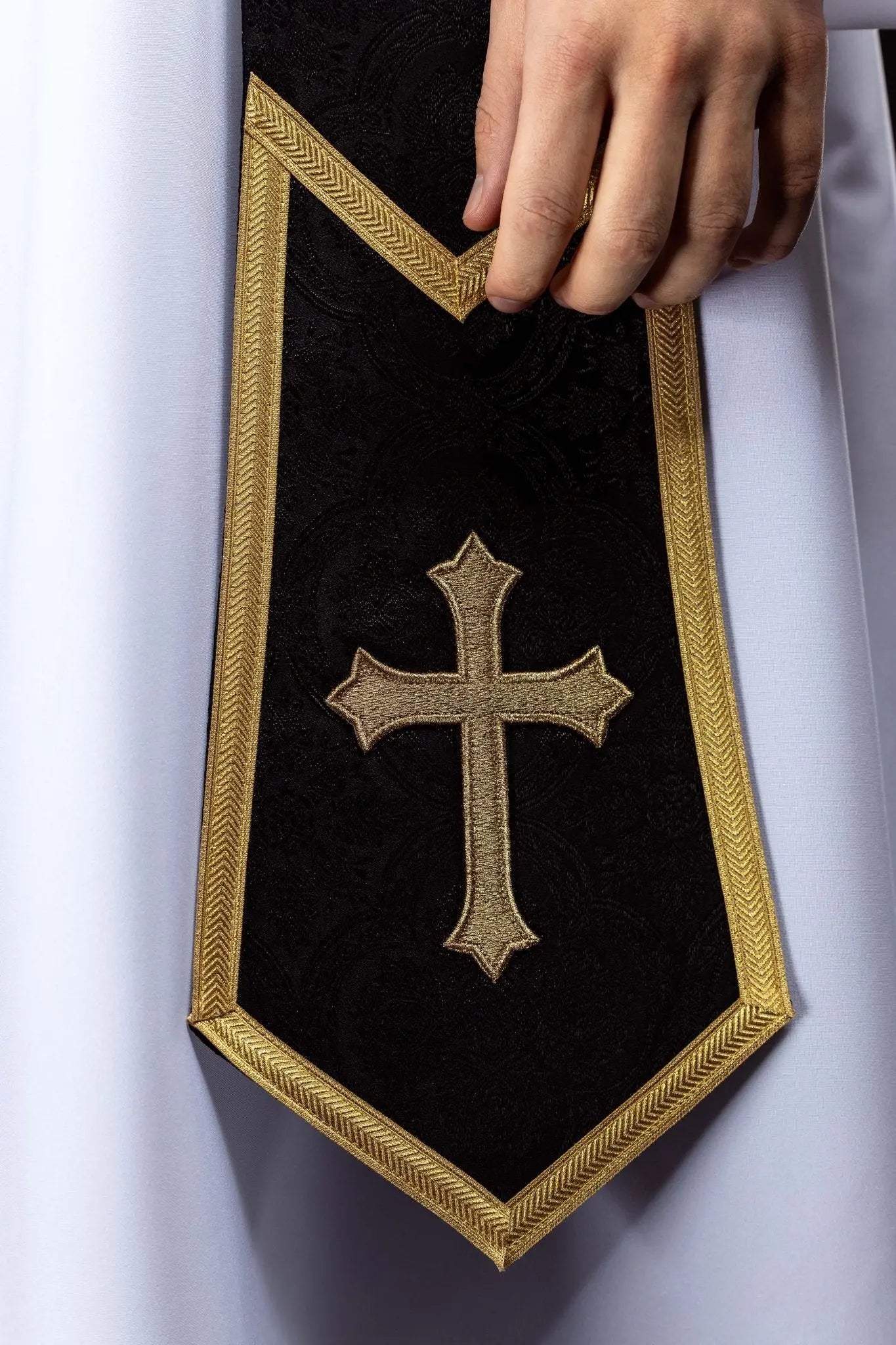 Black Jacquard Stole with Embroidered Cross