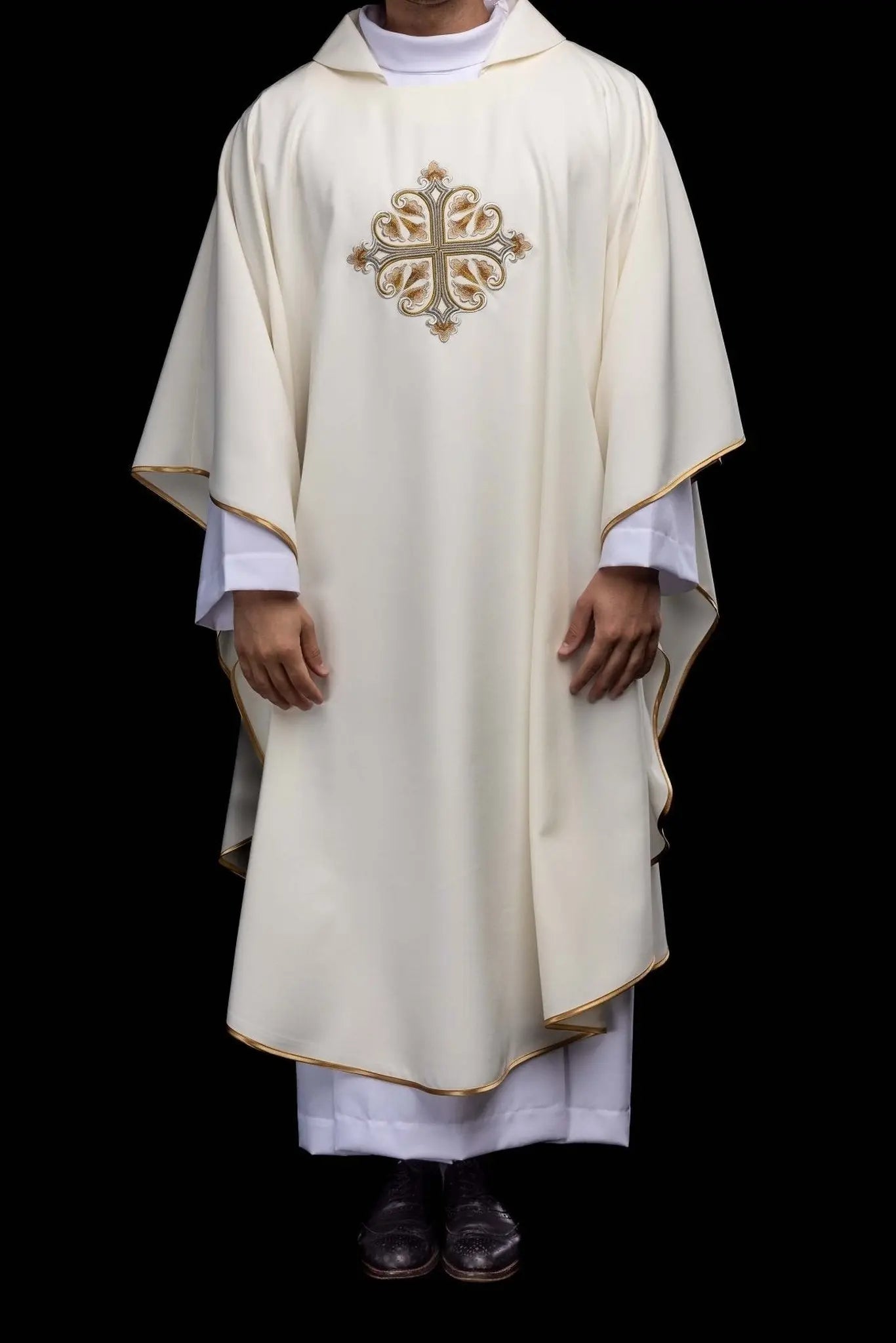 Ecru Embroidered Chasuble with Ornamental Cross and Wide Collar