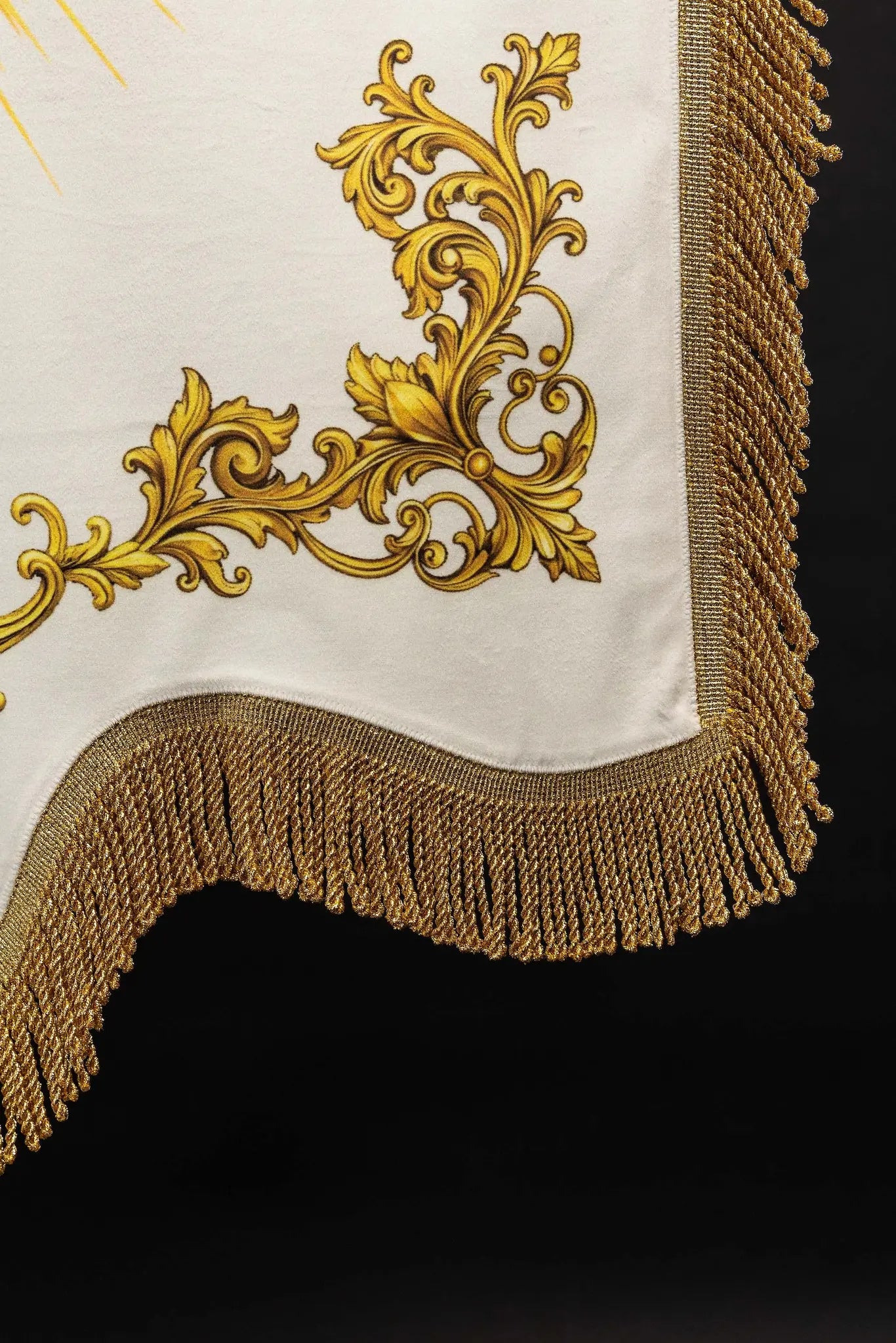 Double-sided printed processional banner featuring the Sacred Heart of Jesus on one side and the IHS symbol on the other, with gold ornamentation.