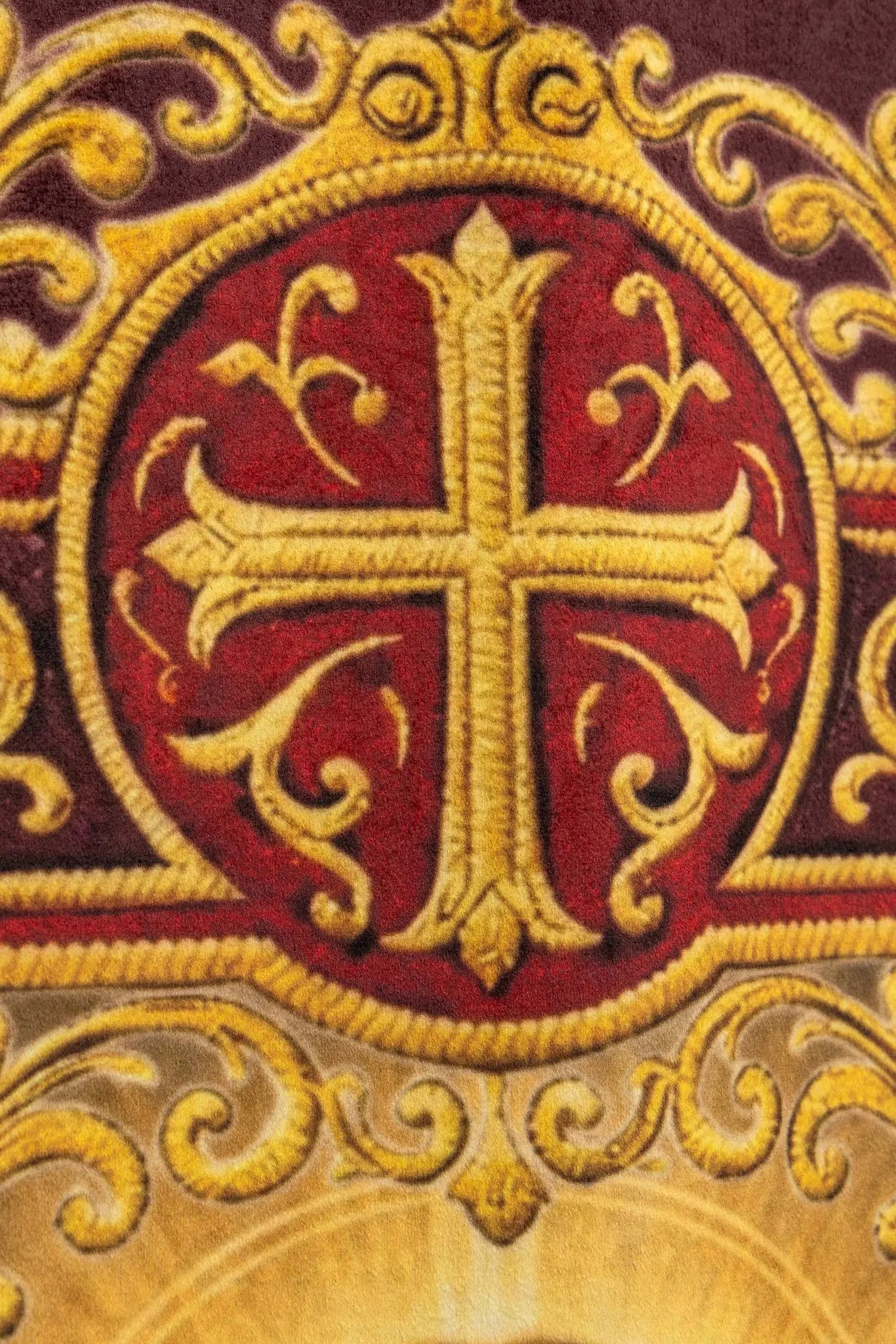 Double-sided printed processional banner featuring the Sacred Heart of Jesus on one side and an IHS chalice with host on the other, with gold ornaments and burgundy accents.