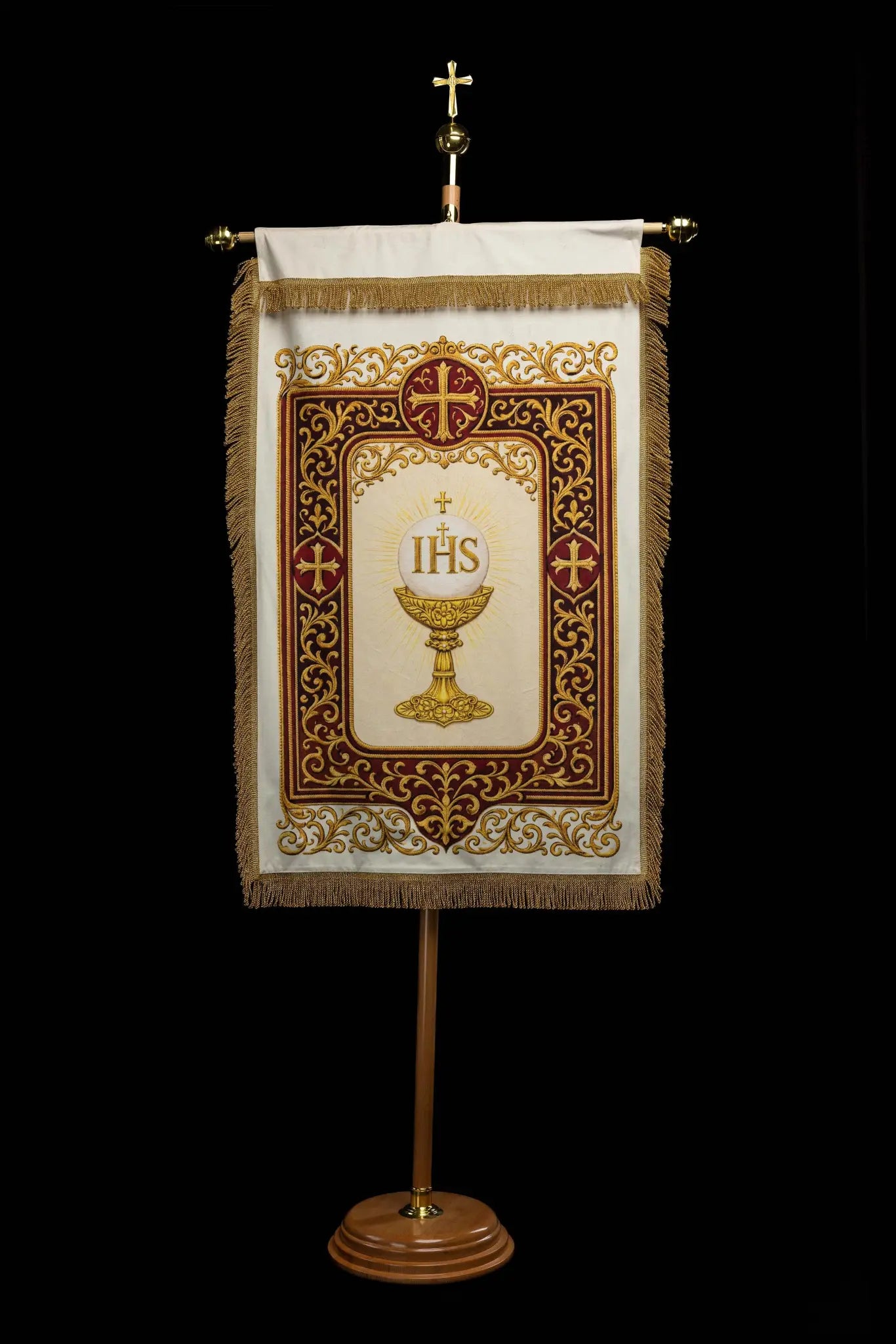 Double-sided printed processional banner featuring the Sacred Heart of Jesus on one side and an IHS chalice with host on the other, with gold ornaments and burgundy accents.