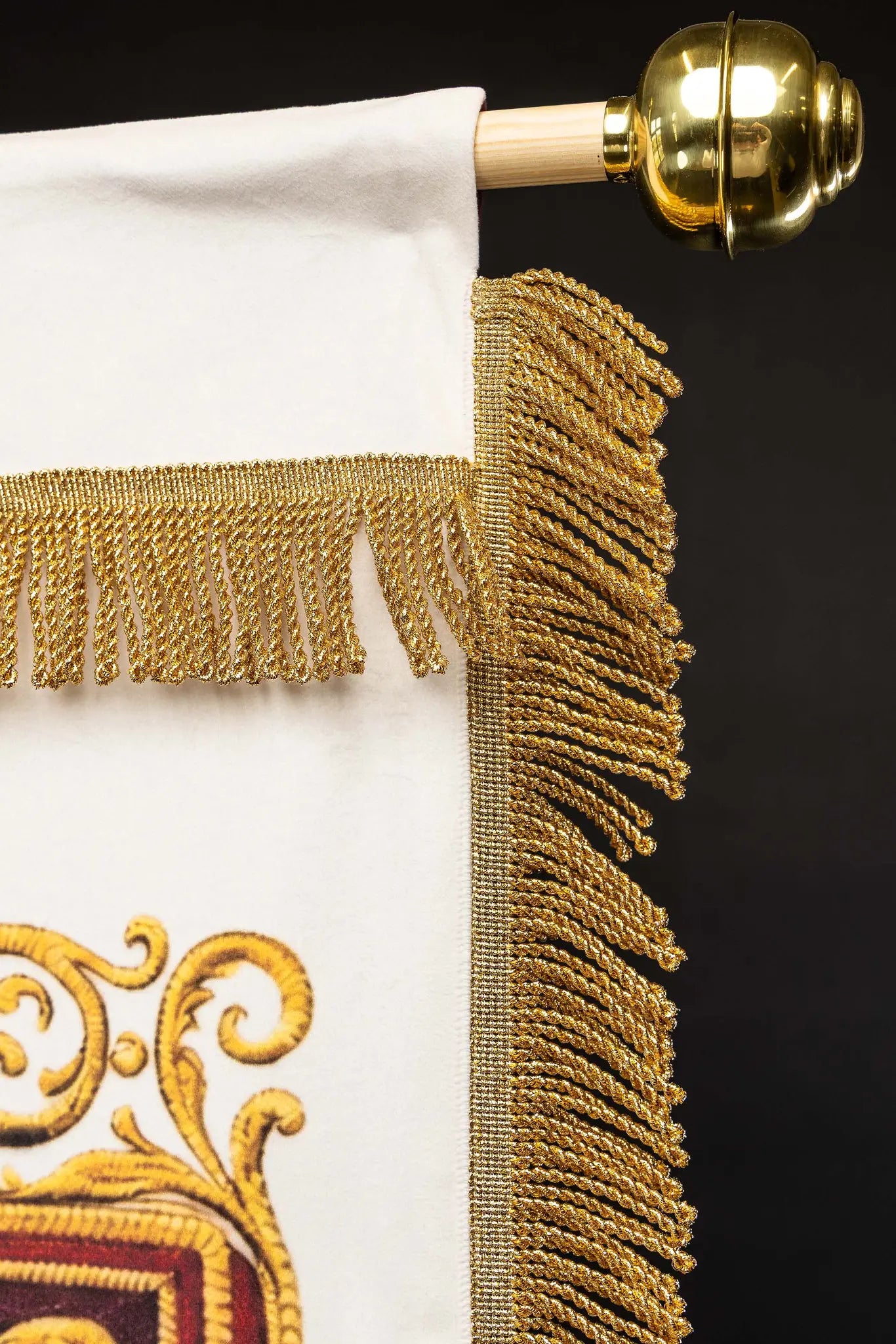 Double-sided printed processional banner featuring the Sacred Heart of Jesus on one side and an IHS chalice with host on the other, with gold ornaments and burgundy accents.