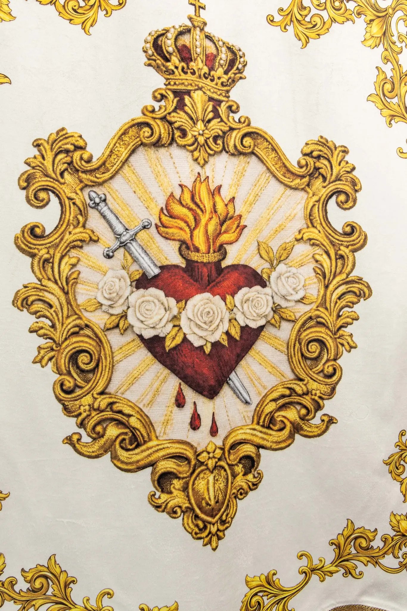 Double-sided printed Marian banner featuring the Immaculate Heart of Mary on one side and a Marian monogram 'M' on the other, with gold ornamentation and crowns.