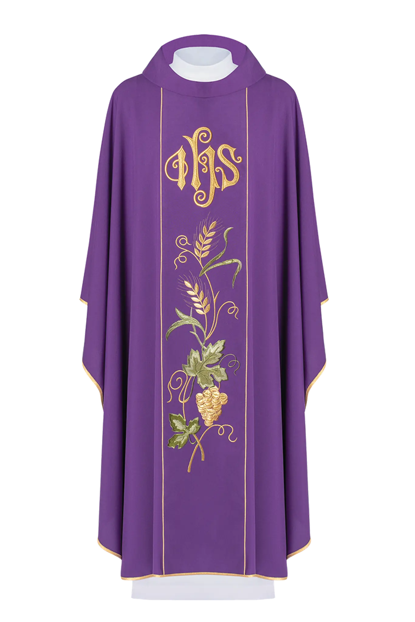 Purple chasuble on belt with embroidery of IHS, ears and grapes
