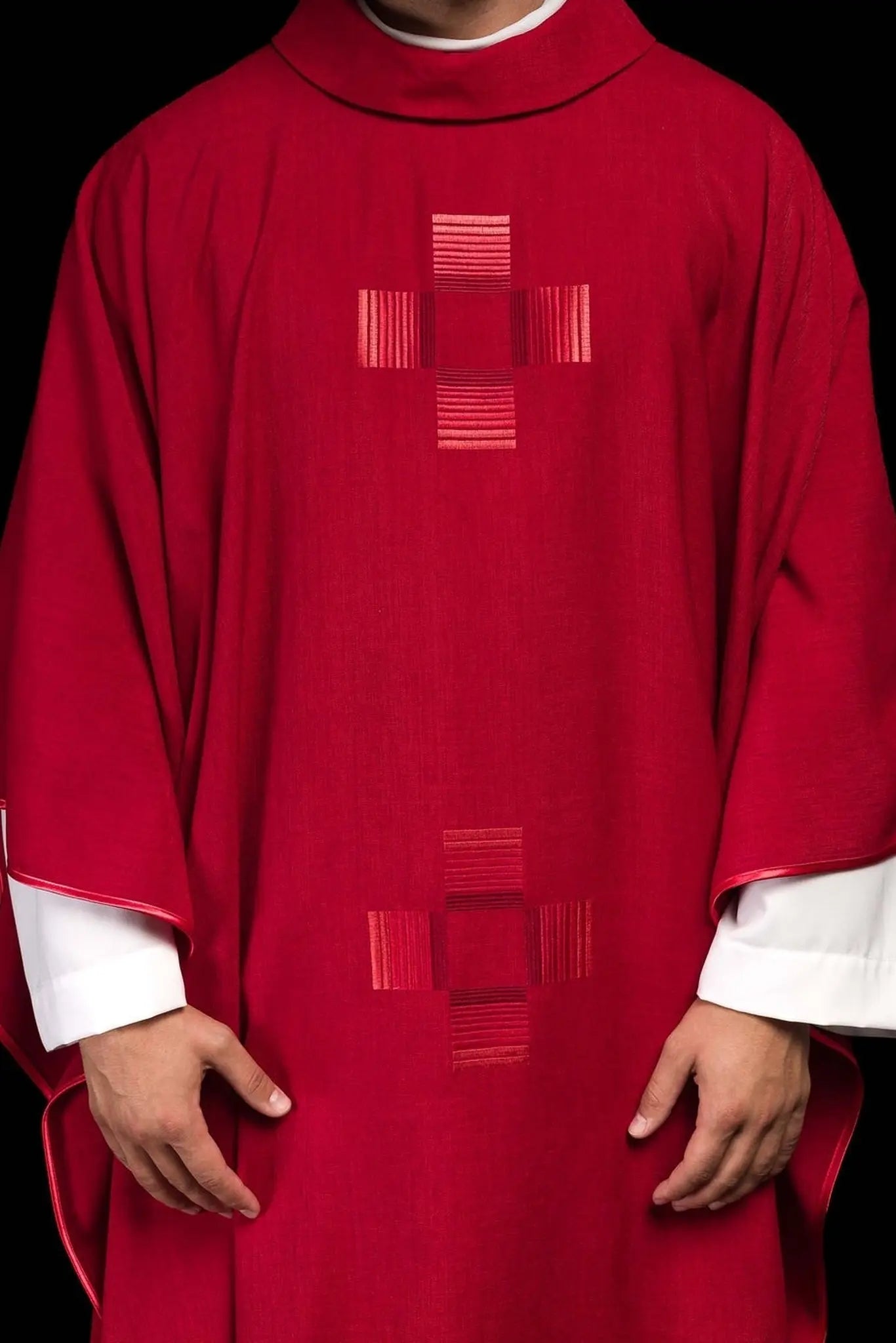 Red chasuble with embroidered crosses