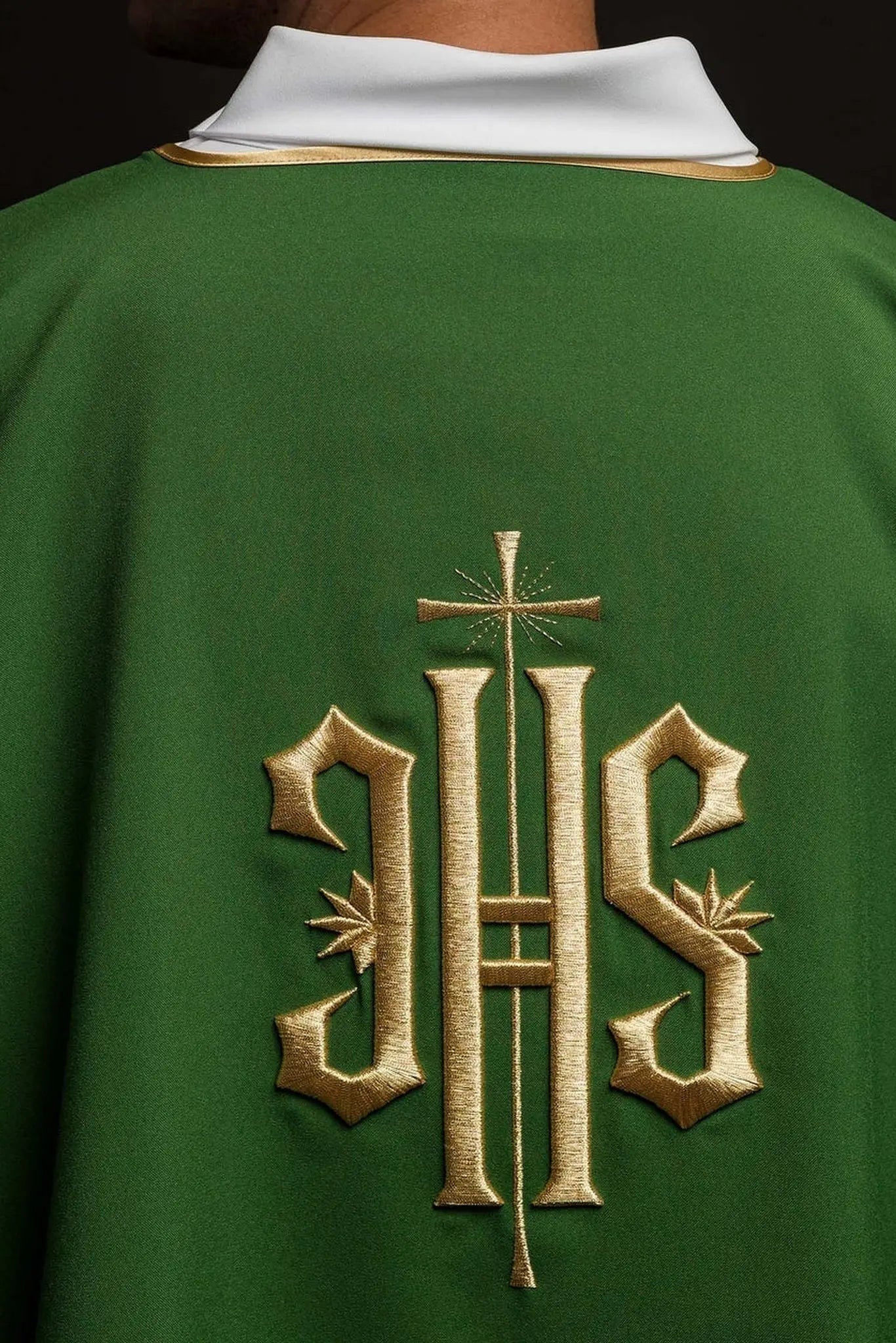 Green Dalmatian with embroidered gold IHS