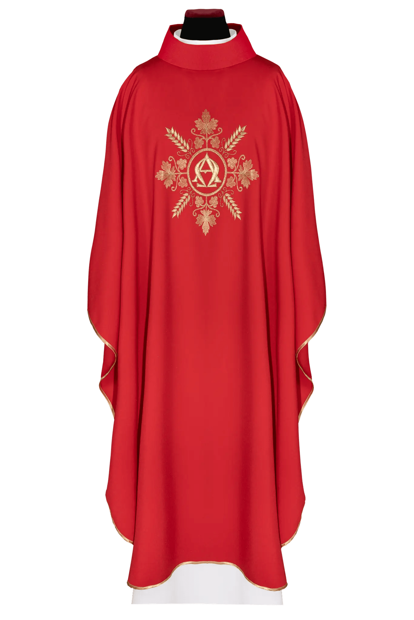 Red chasuble embroidered with the Alpha and Omega symbols and ears of whea