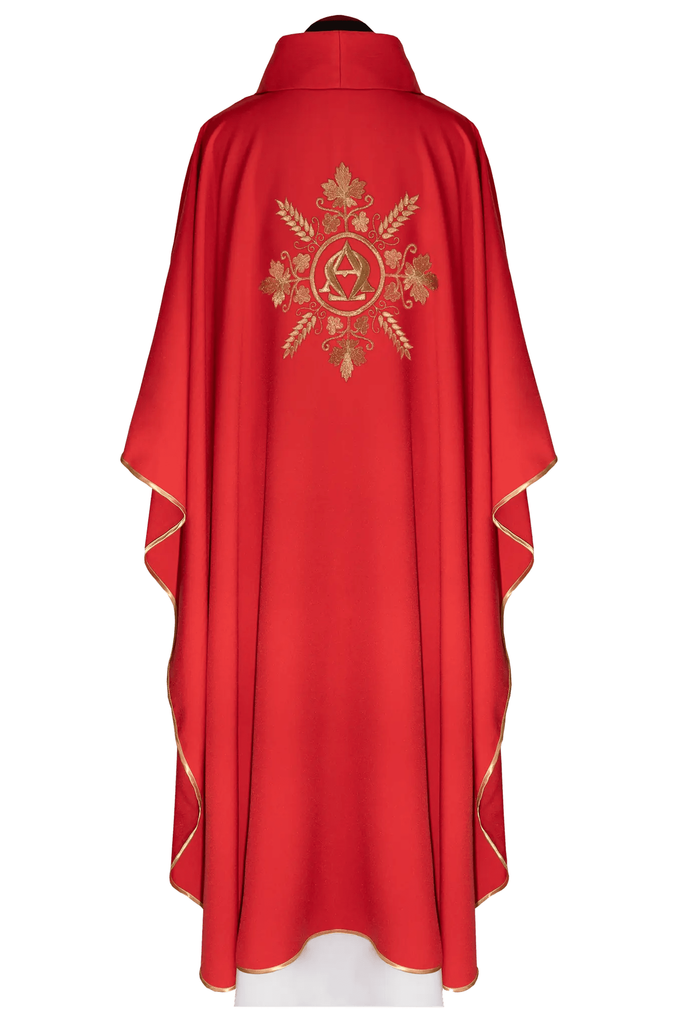 Red chasuble embroidered with the Alpha and Omega symbols and ears of whea