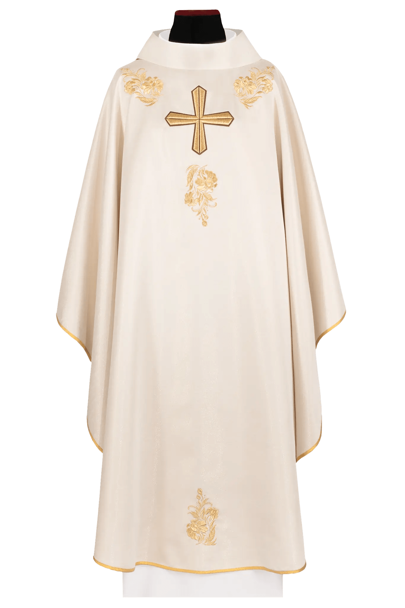 Chasuble with a richly embroidered cross and collar in ecru color