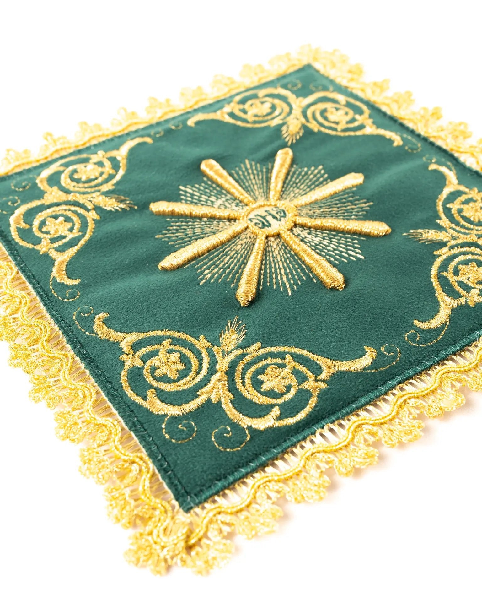 Embroidered chalice linens set green velvet