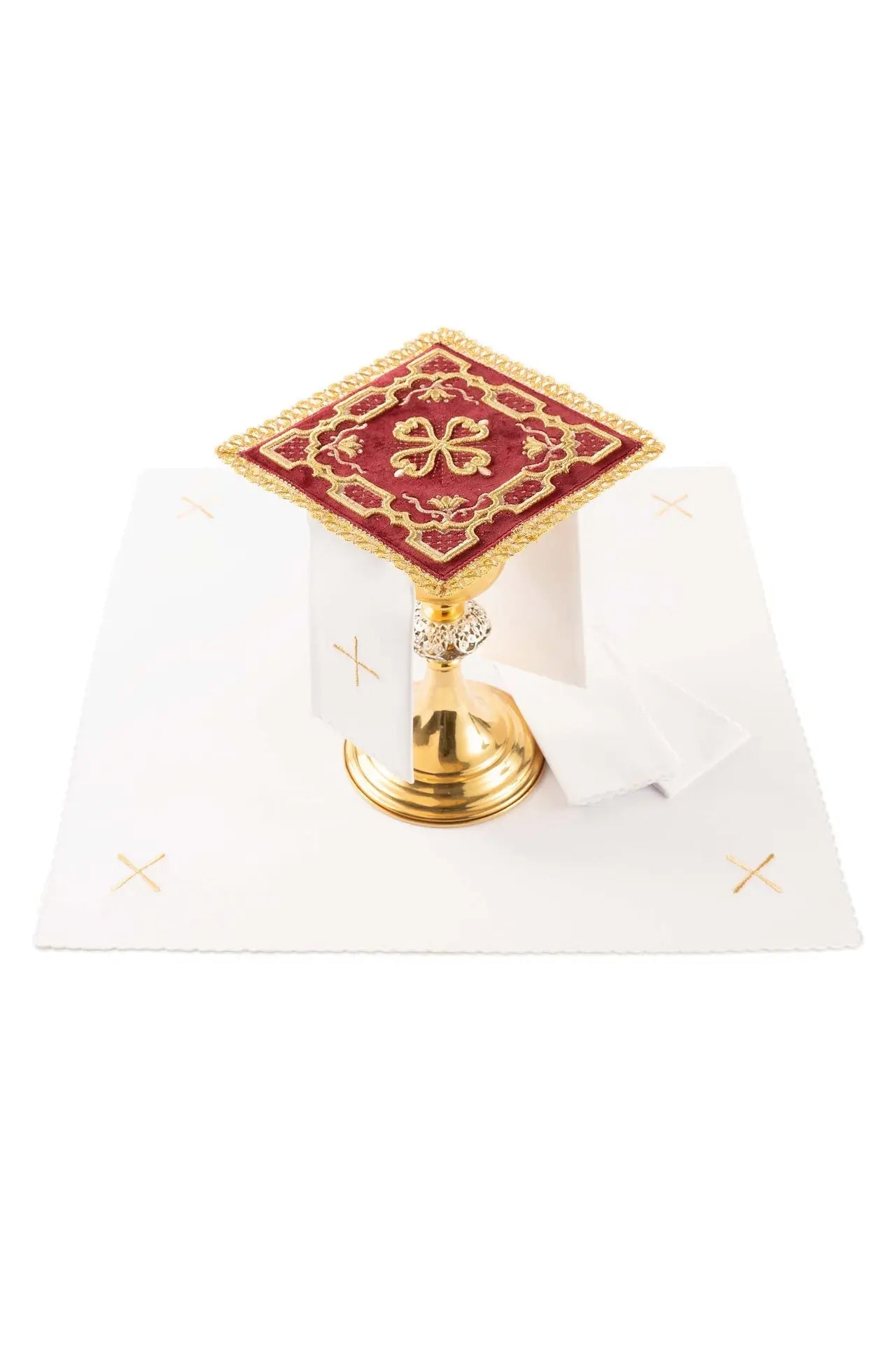 Embroidered chalice linens set red velvet