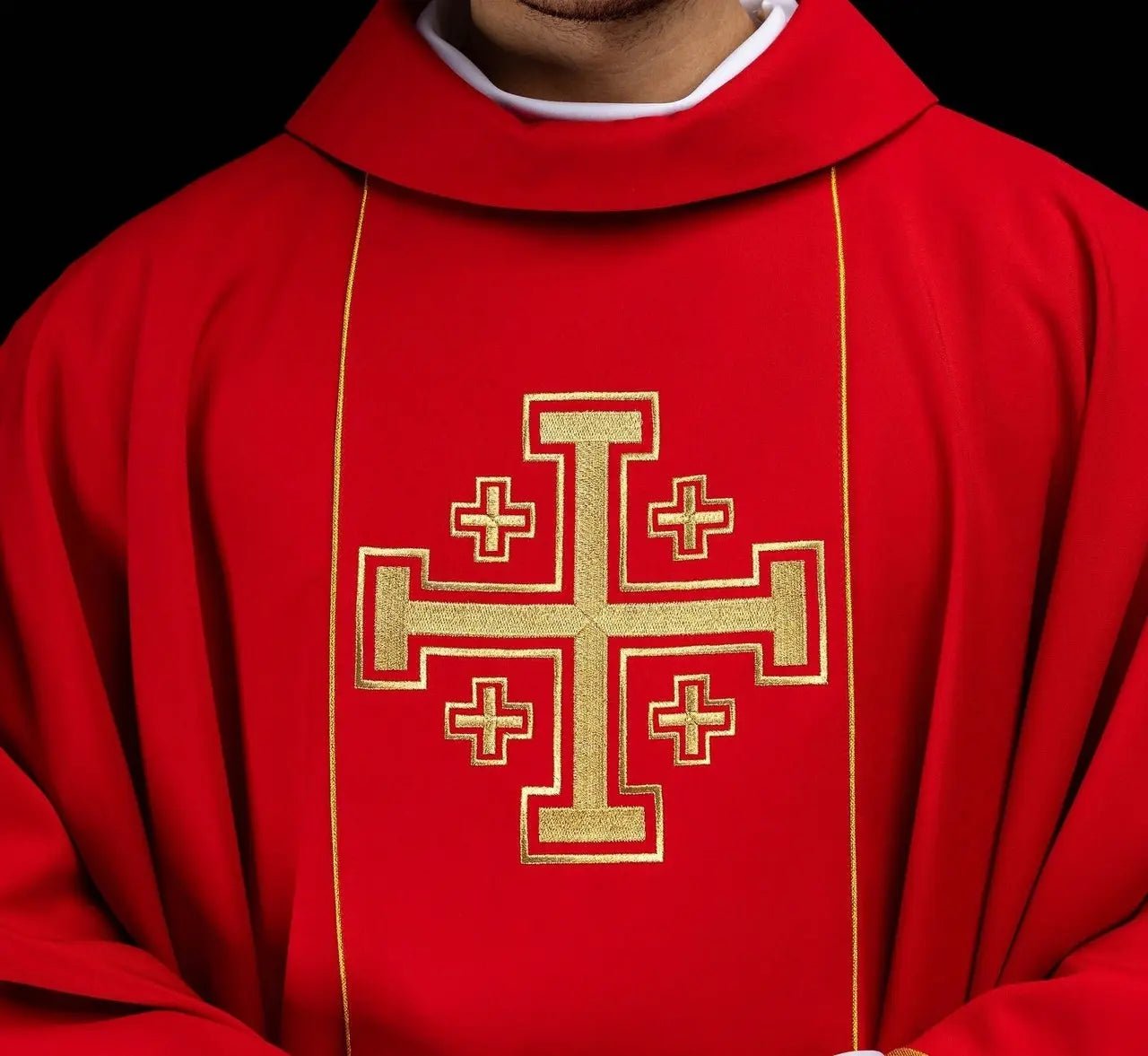 Red embroidered chasuble with band and Jerusalem crosses