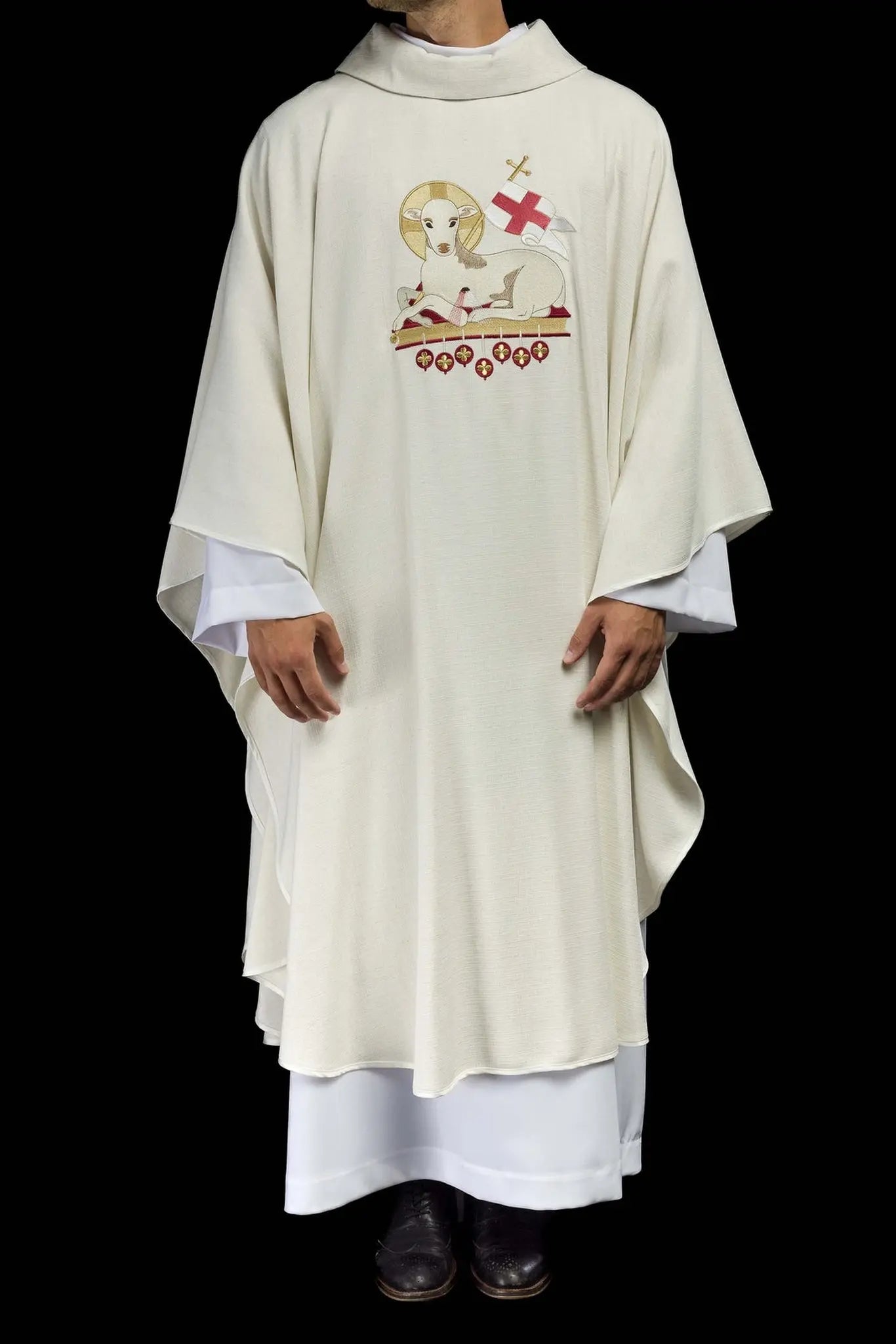 Easter chasuble sewn from natural fabric with an embroidered lamb