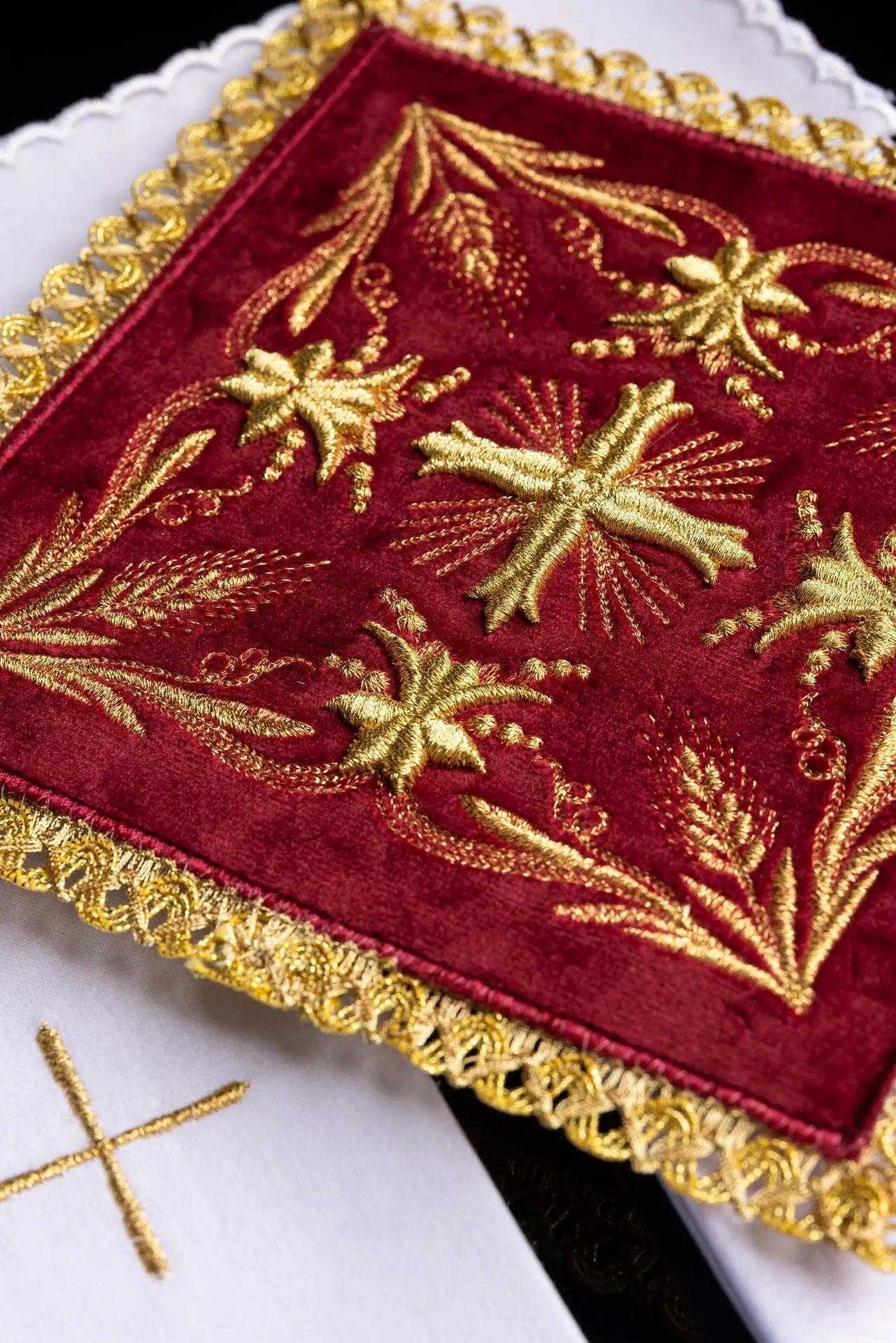 Embroidered Red Velvet Chalice Linen Set