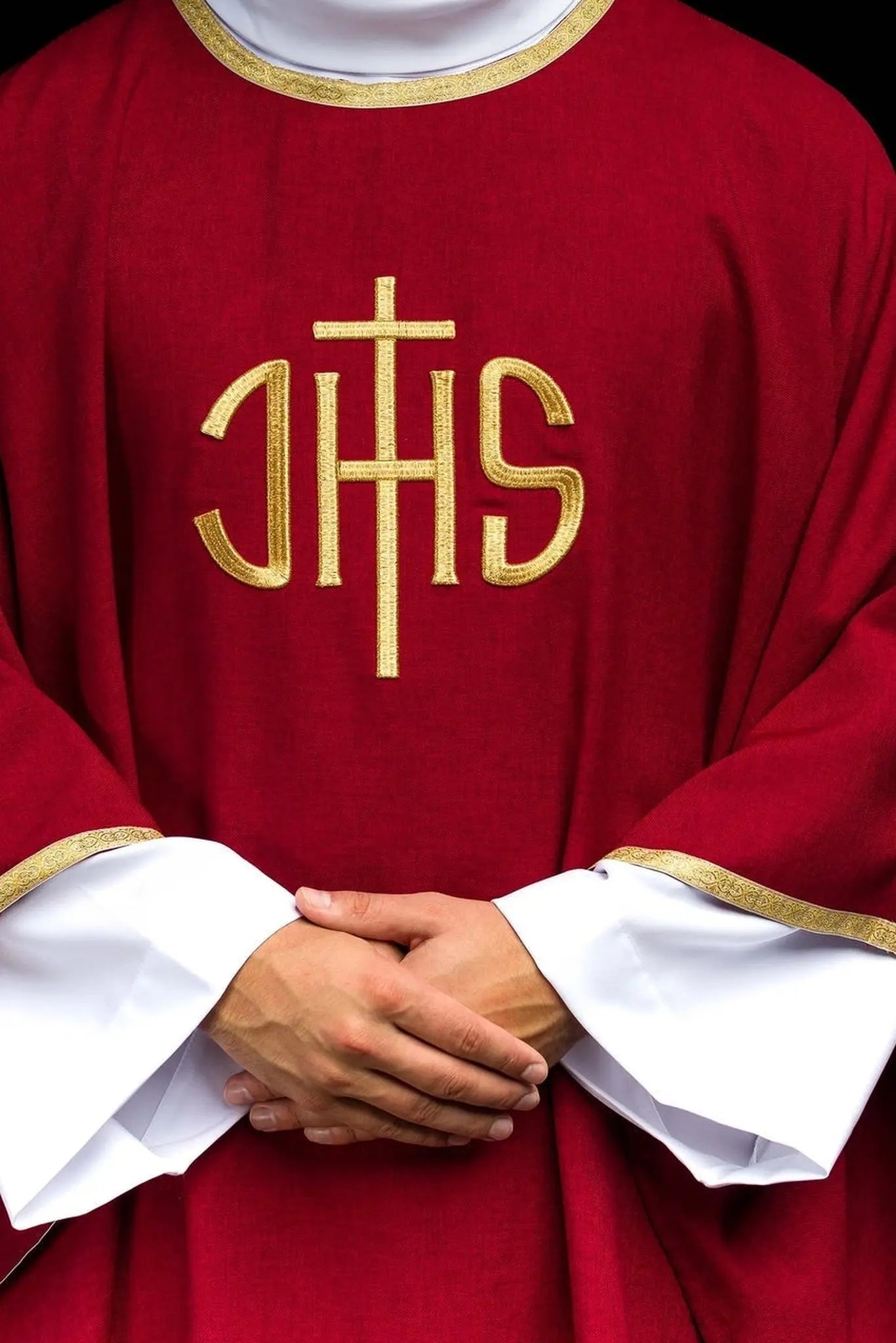 Red Liturgical Chasuble with Gold IHS Embroidery