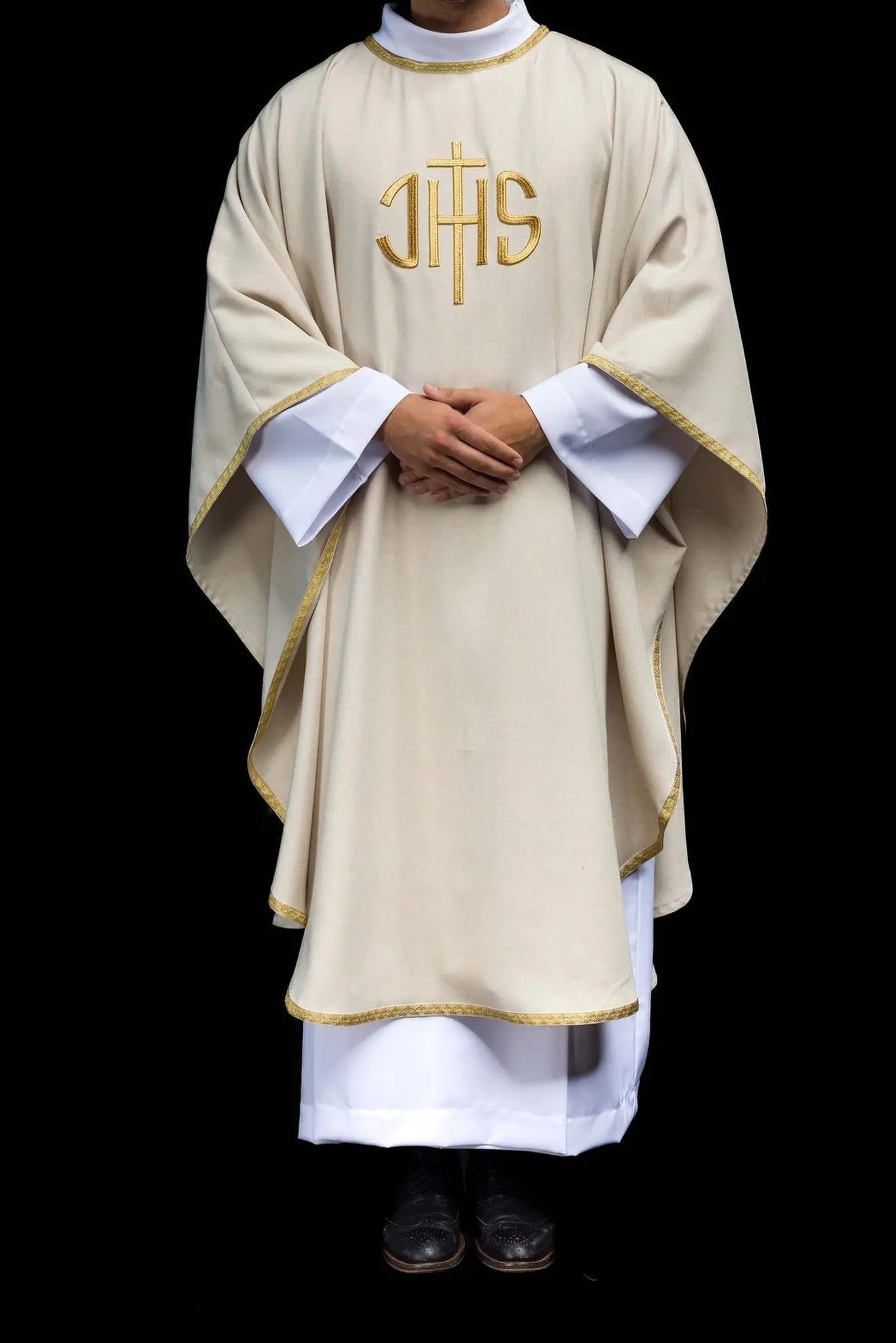Ecru Liturgical Chasuble with Gold IHS Embroidery