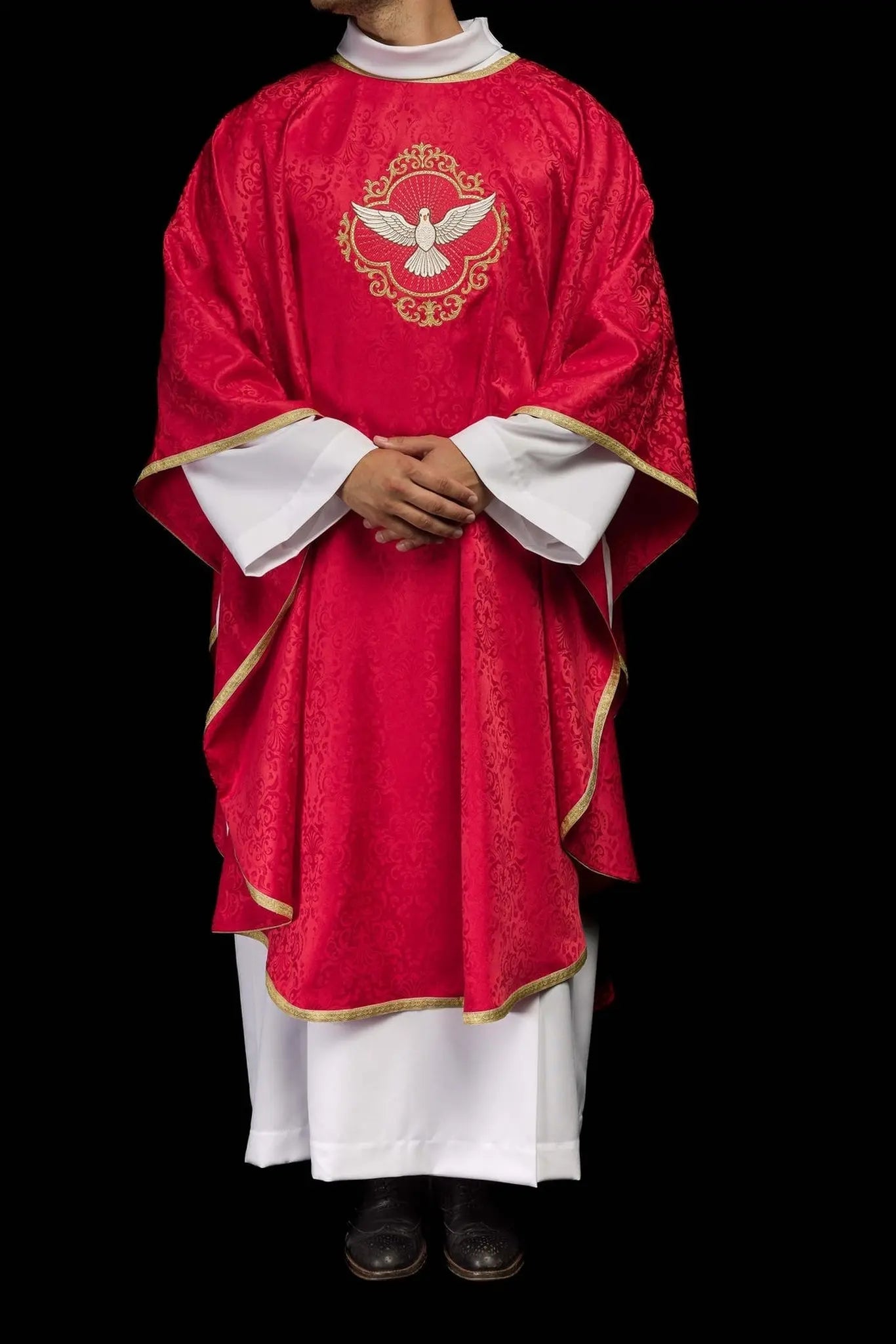 Embroidered liturgical chasuble with the Holy Spirit on jacquard fabric