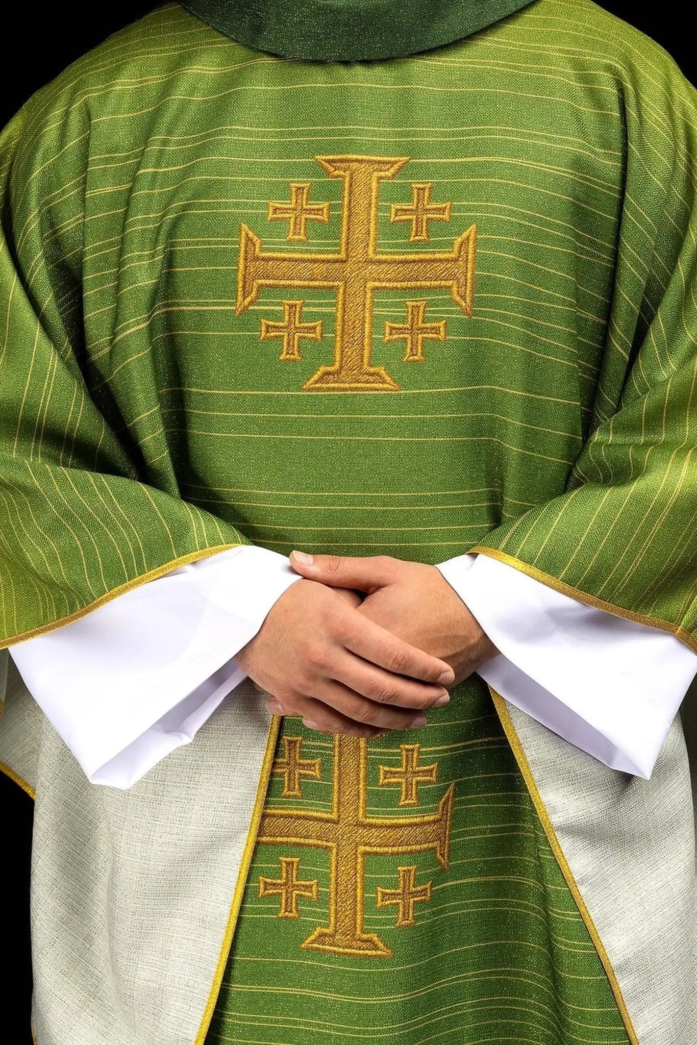 Green printed chasuble with the Jerusalem Cross