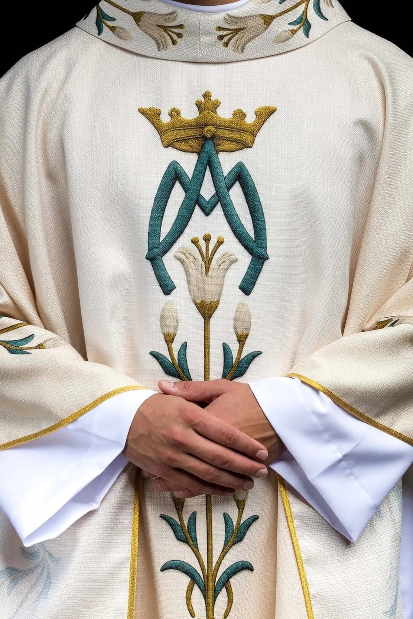 Marian printed chasuble with lily pattern and monogram ecru