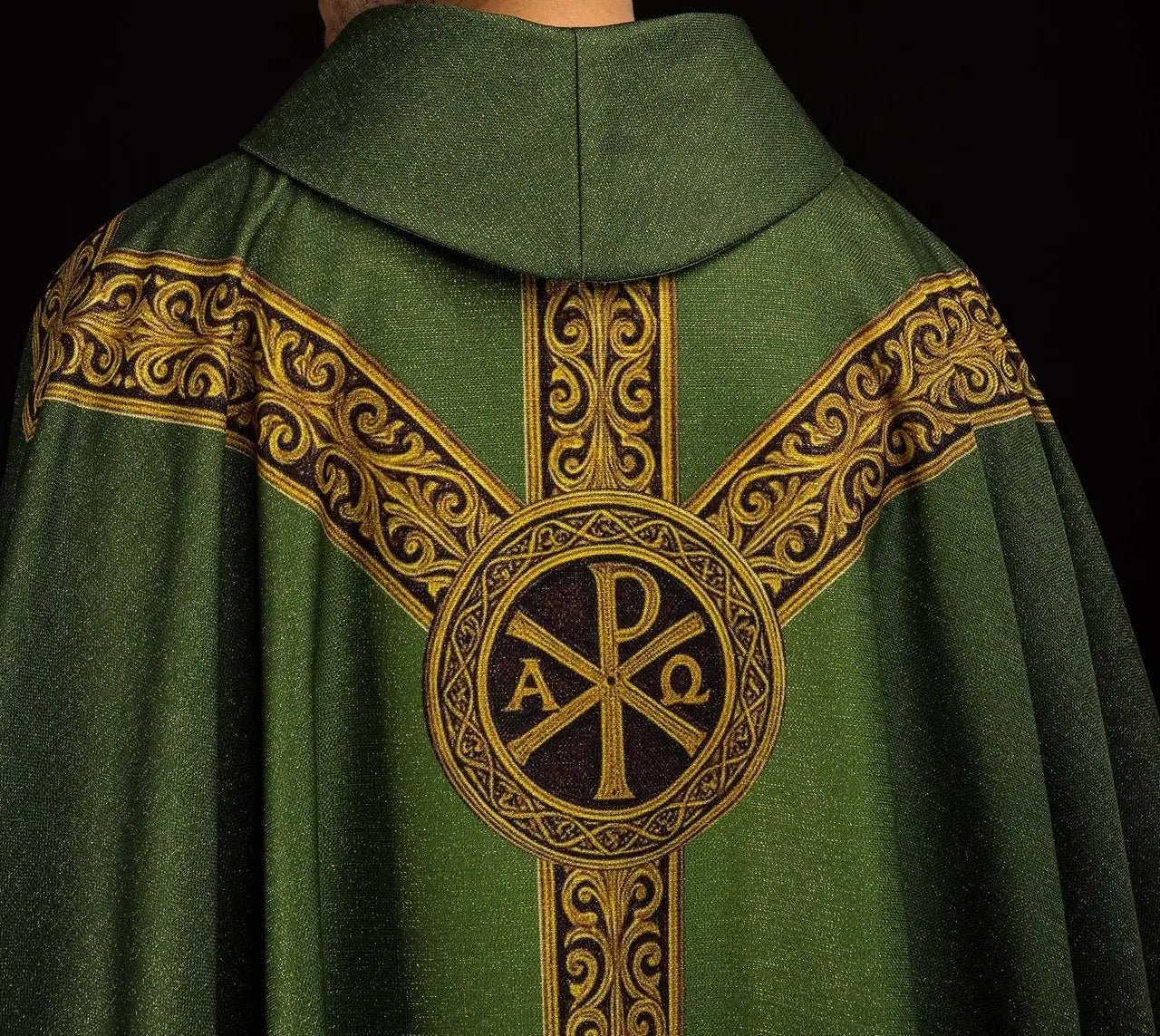 Green printed “Pax” chasuble with rich gold decoration