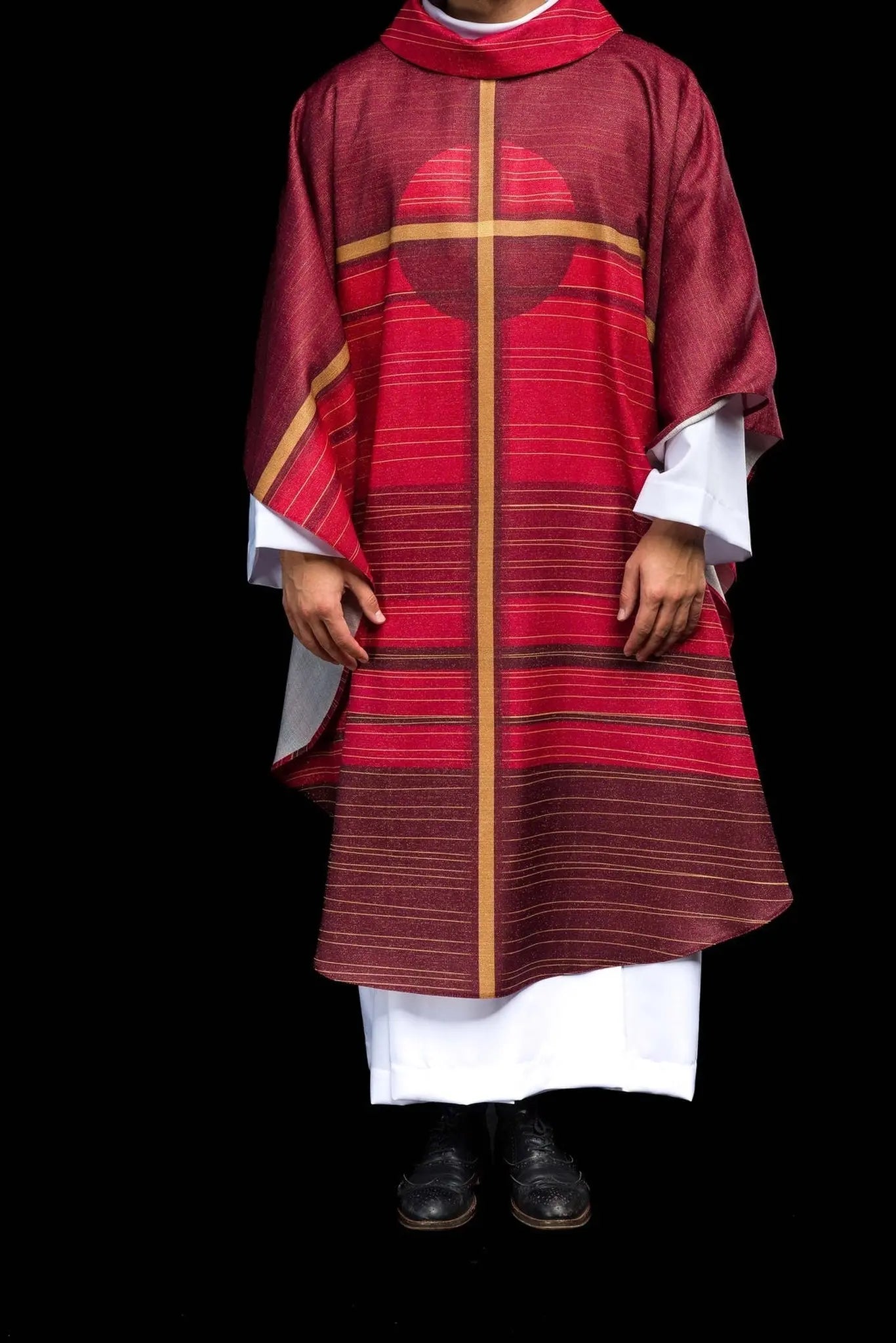 Red printed chasuble with a cross motif