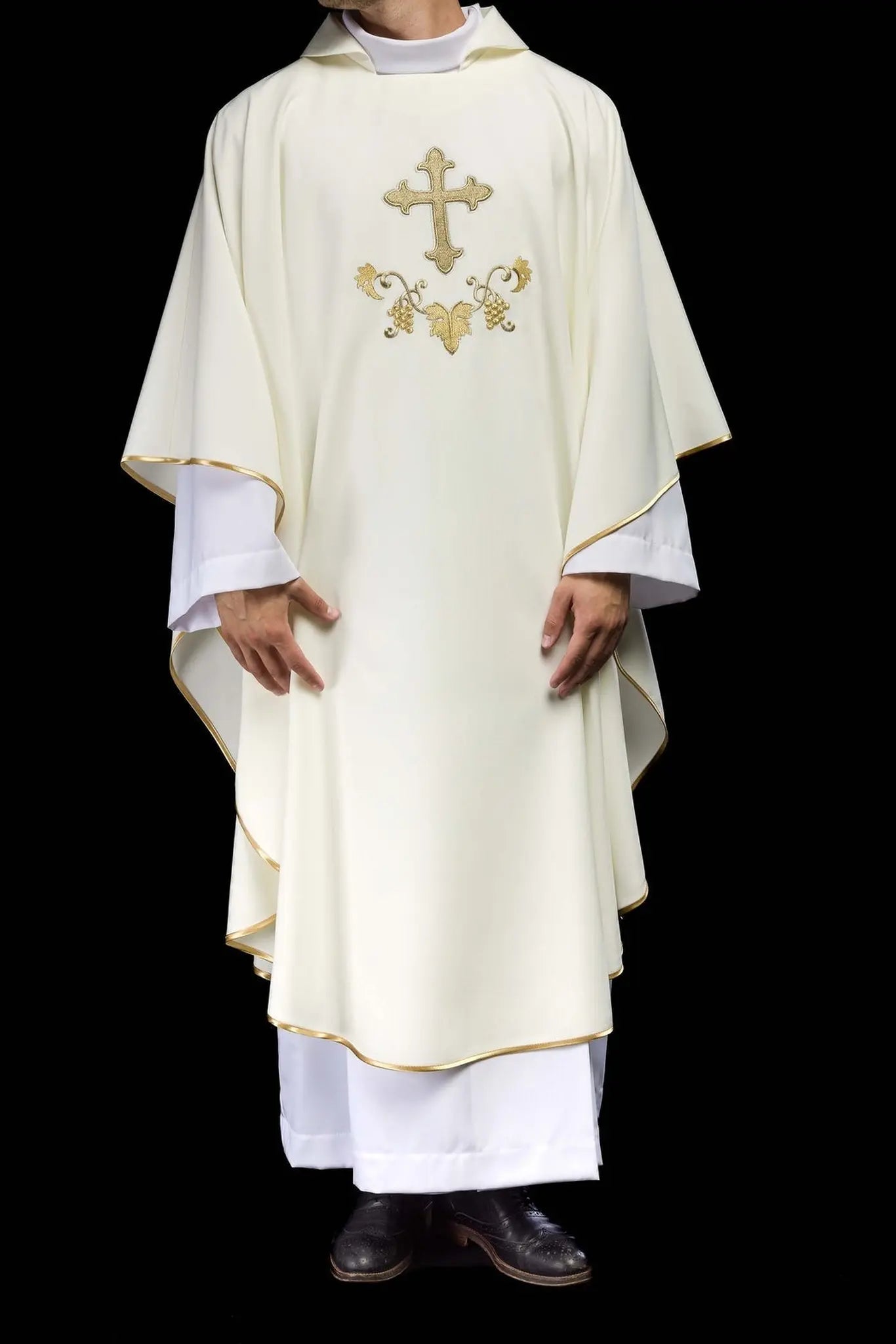 Ecru Embroidered Chasuble with Cross Motif and Wide Collar