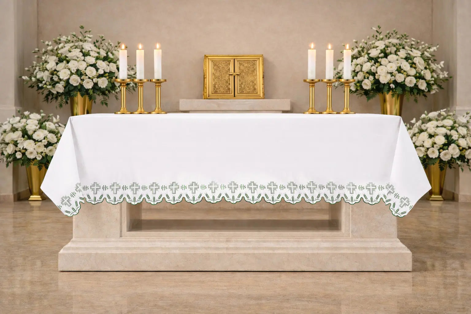 Altar Cloth with Cross IHS and Wheat Embroidery – Green Trim