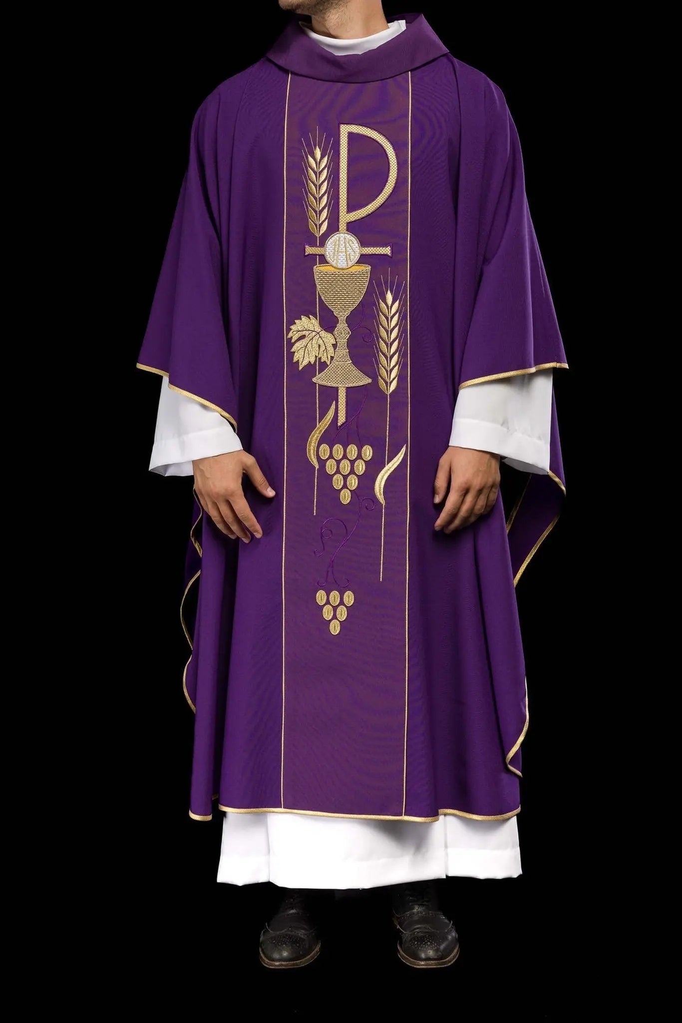 Purple chasuble embroidered with IHS chalice pattern