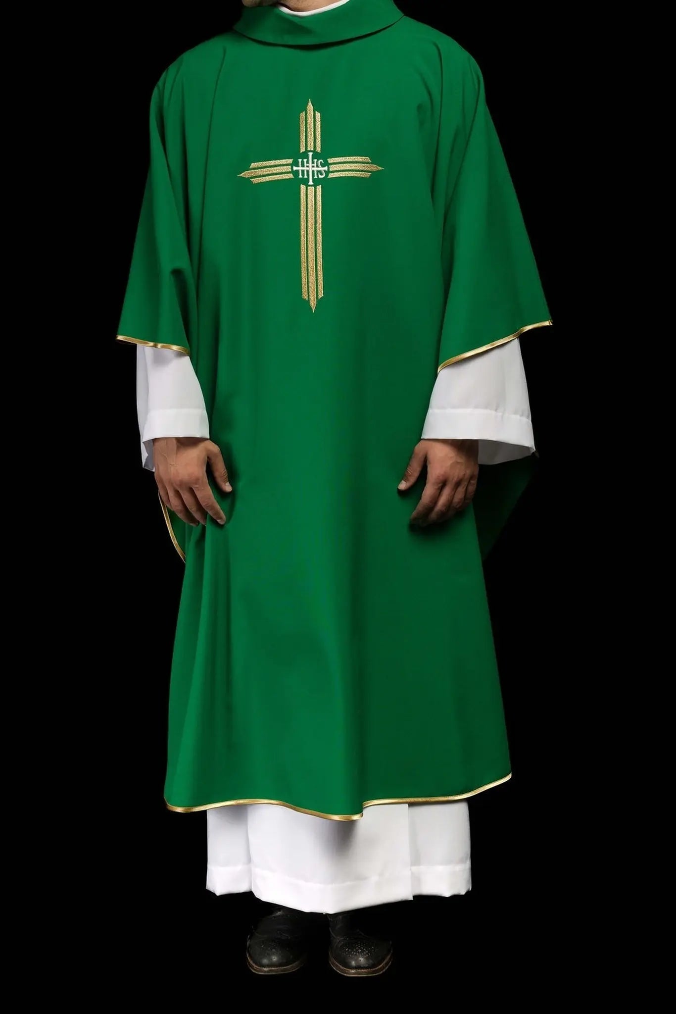 Green embroidered chasuble with IHS Cross