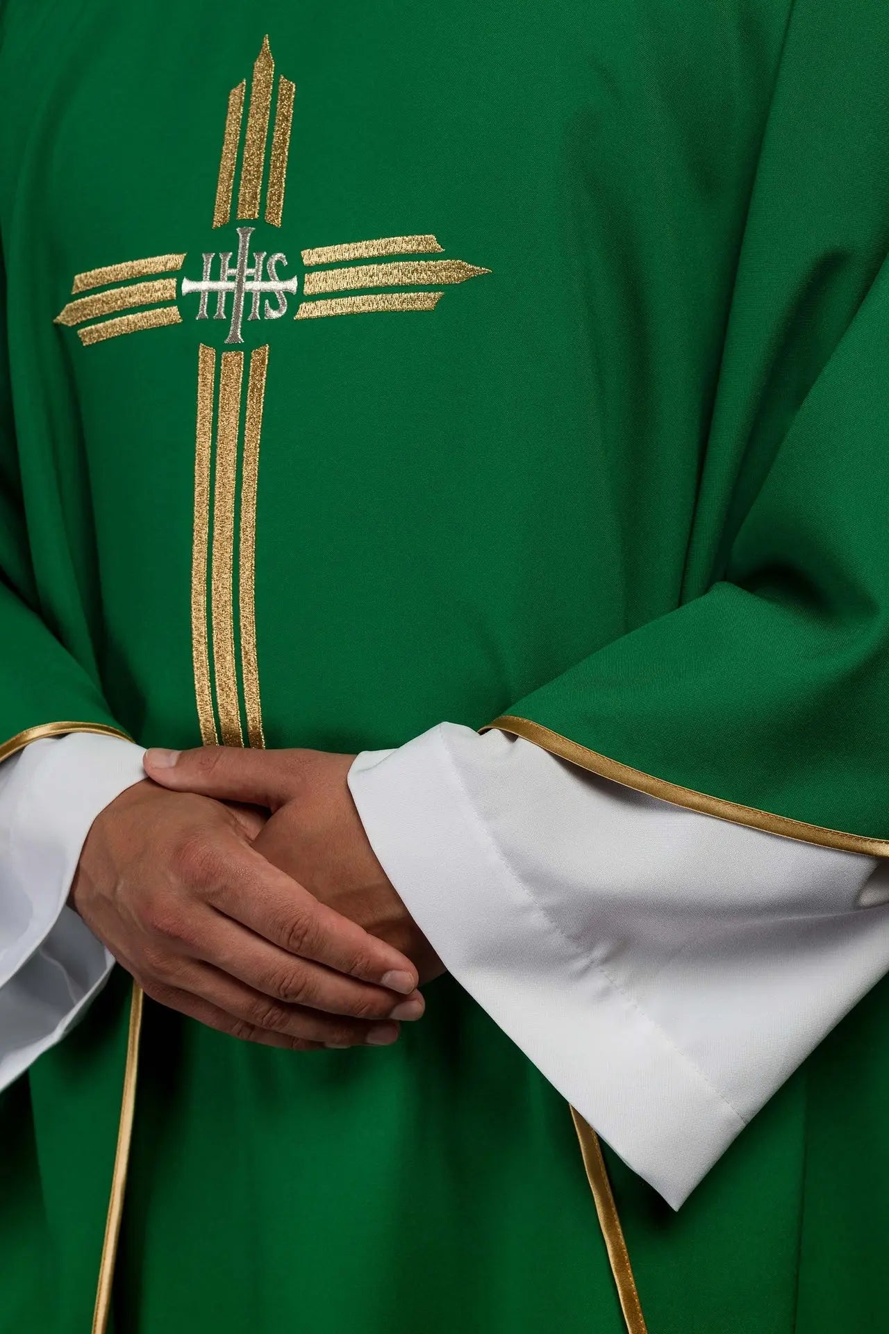 Green embroidered chasuble with IHS Cross