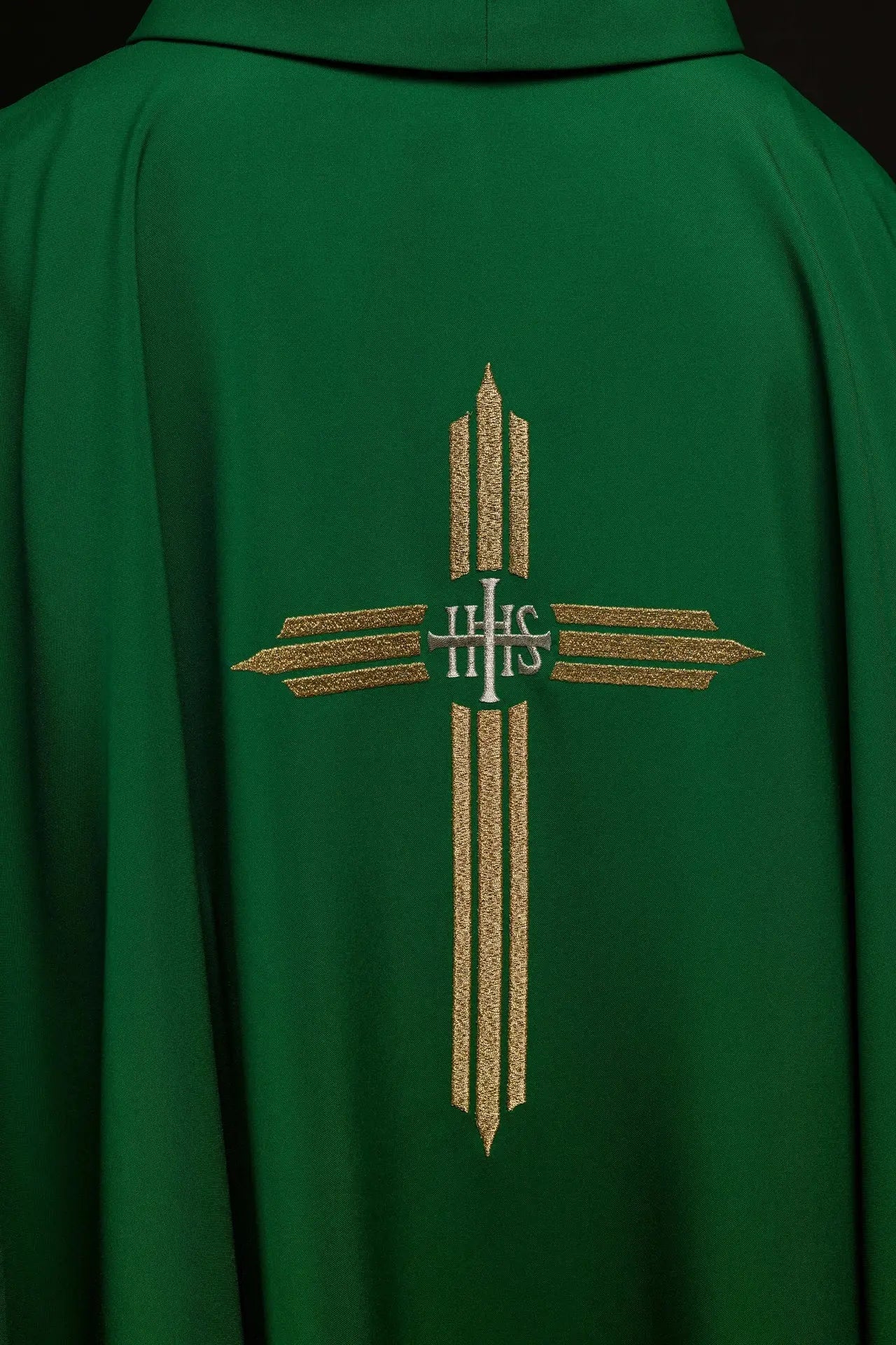 Green embroidered chasuble with IHS Cross