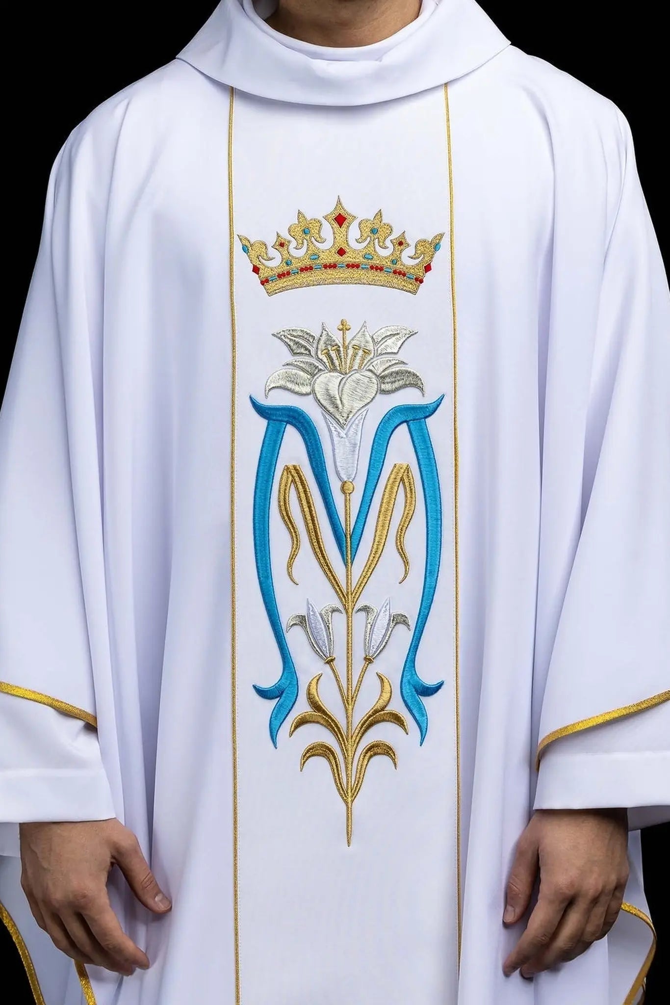 White Marian Chasuble with Crown Embroidery