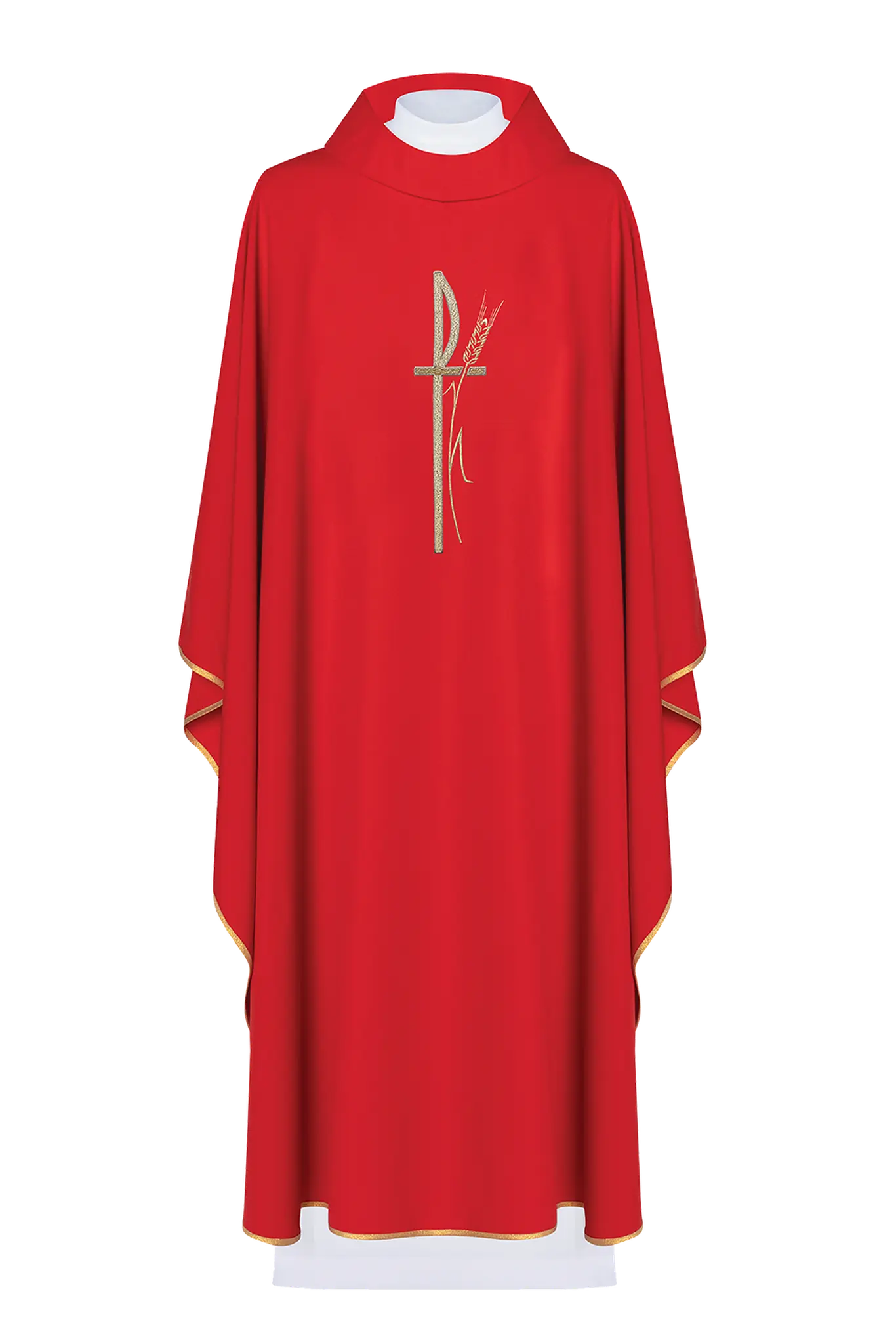 Red liturgical chasuble with wide collar and delicately embroidered cross
