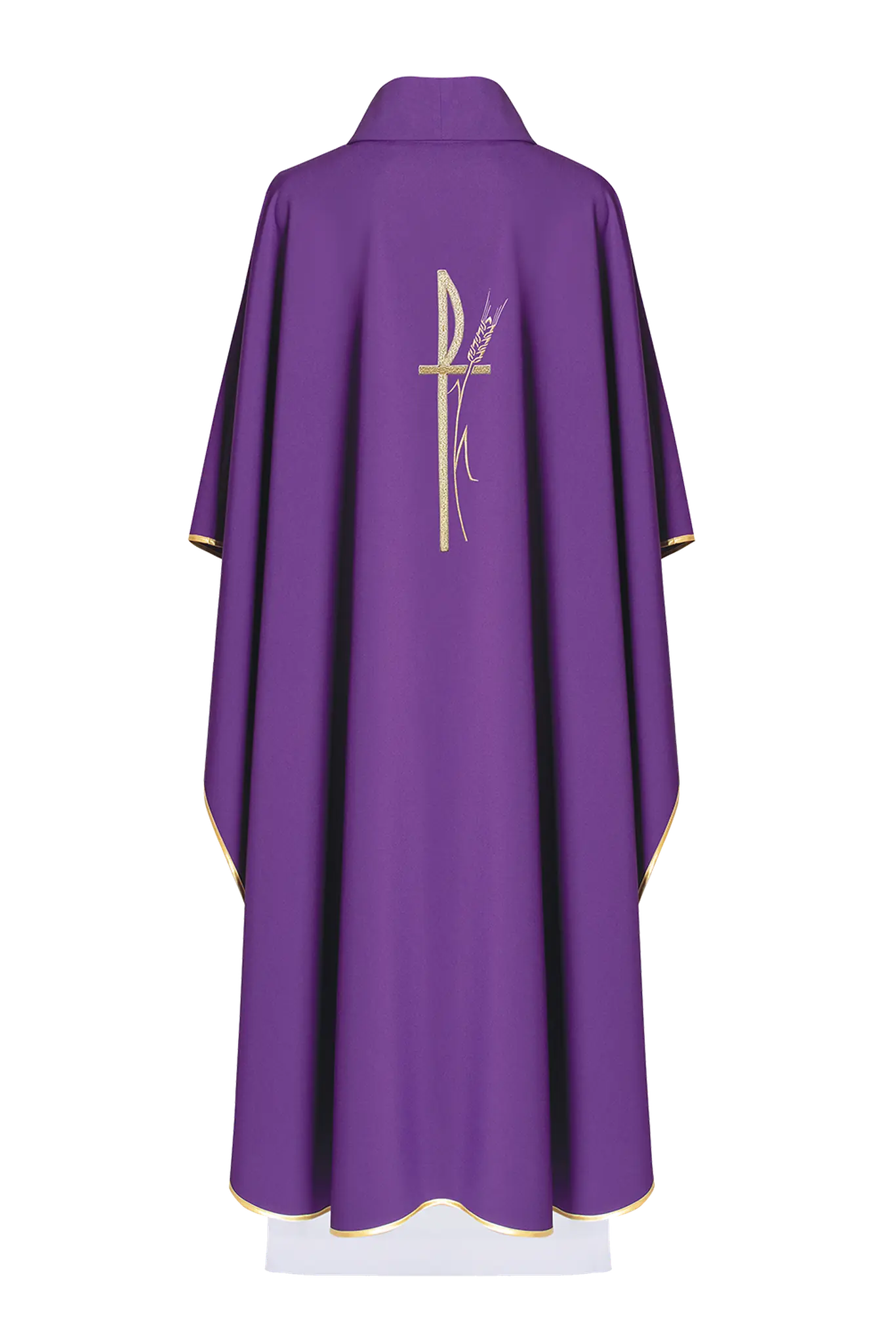 Purple liturgical chasuble with wide collar and delicately embroidered cross