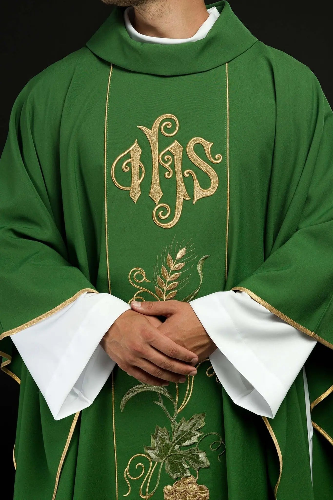 Green chasuble on belt with IHS embroidery, ears and grapes