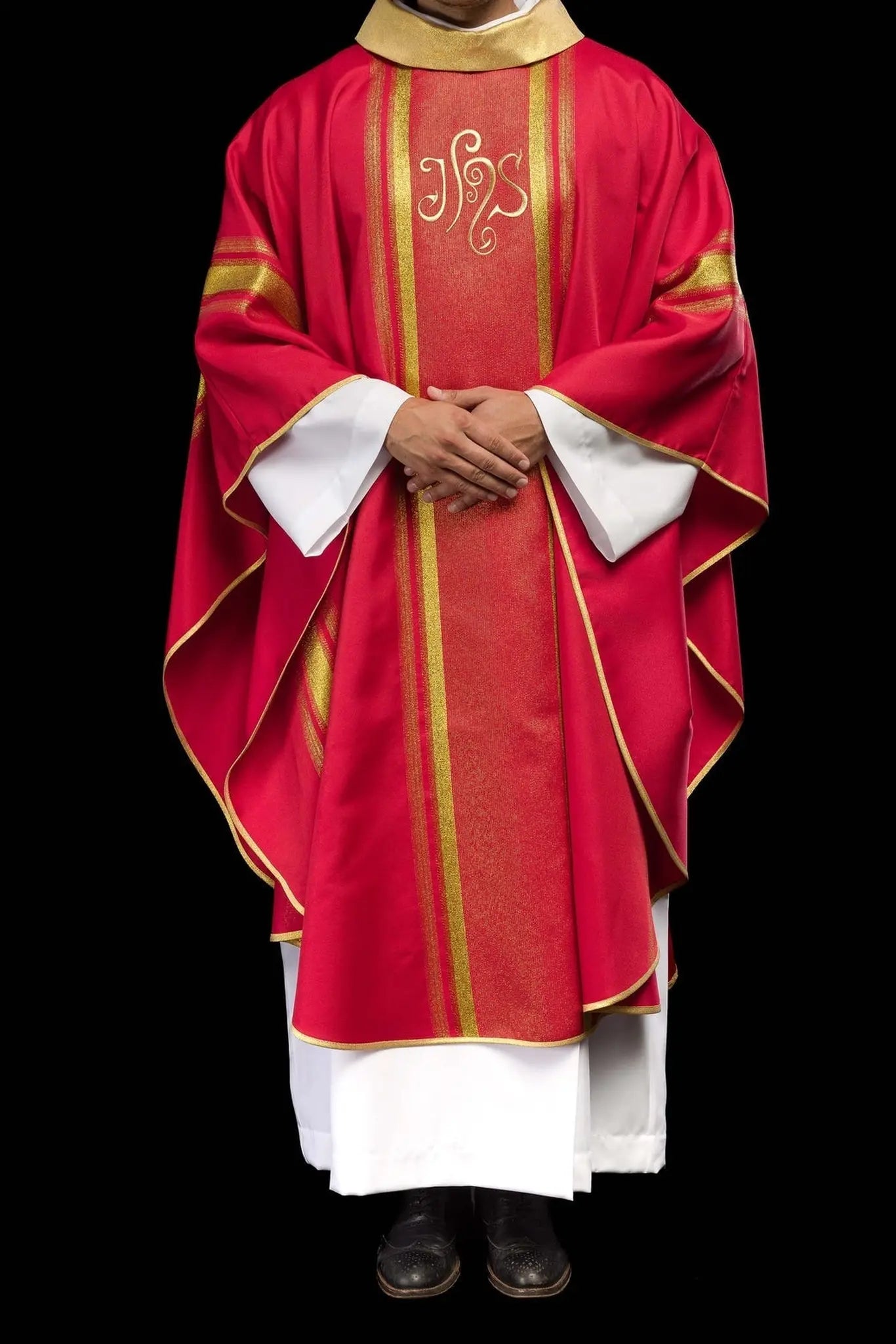 Red embroidered chasuble with IHS design with gilding
