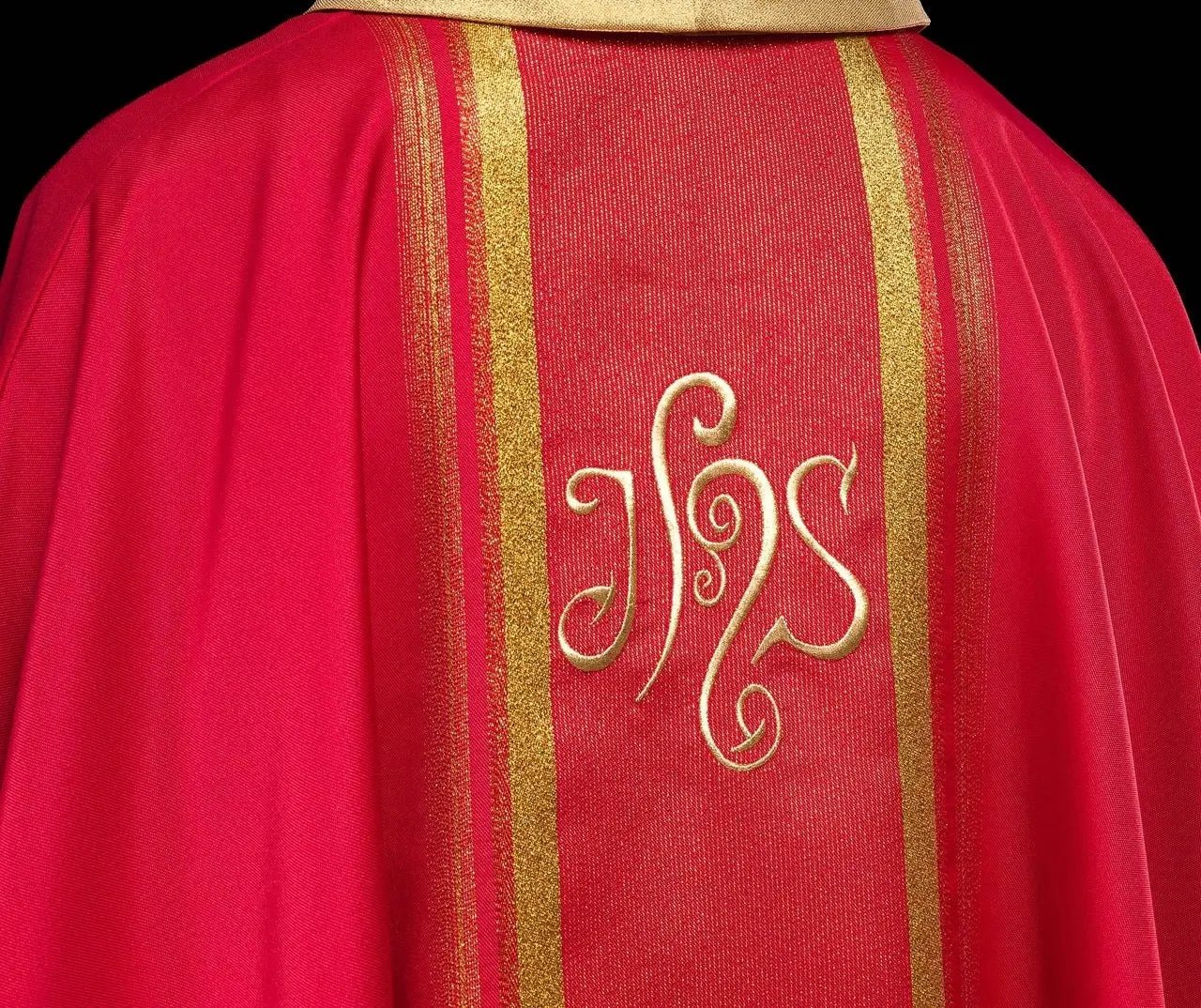 Red embroidered chasuble with IHS design with gilding