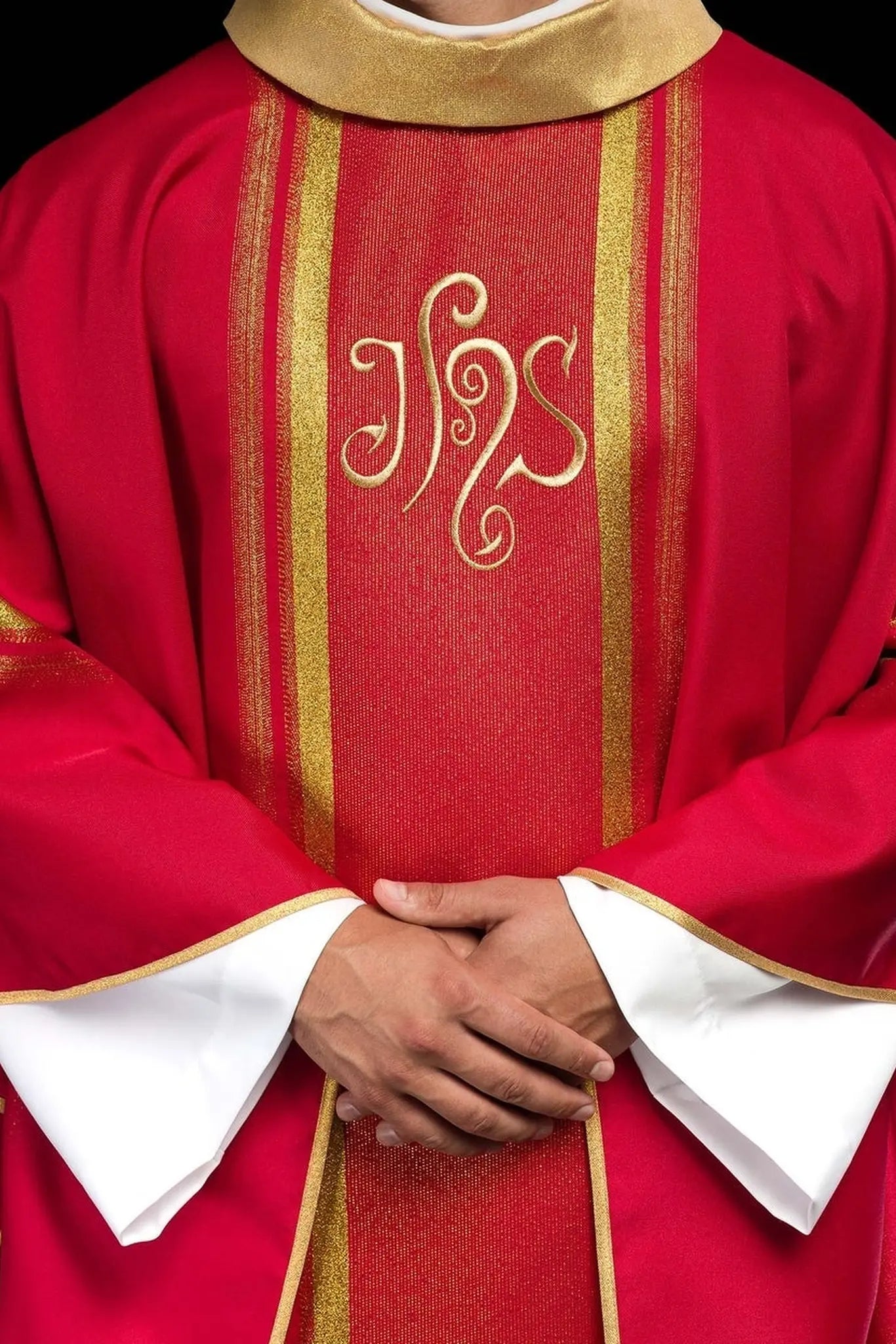 Red embroidered chasuble with IHS design with gilding