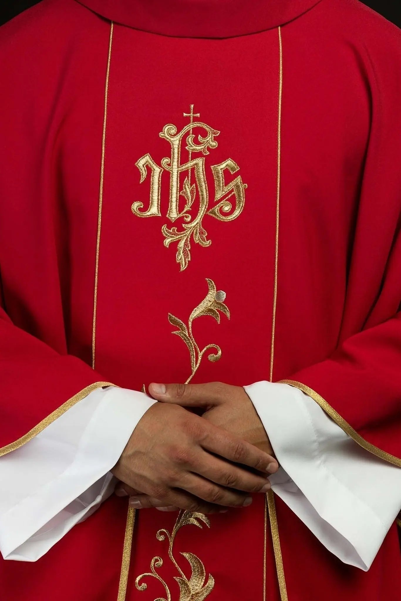 Red IHS embroidered chasuble with ornaments