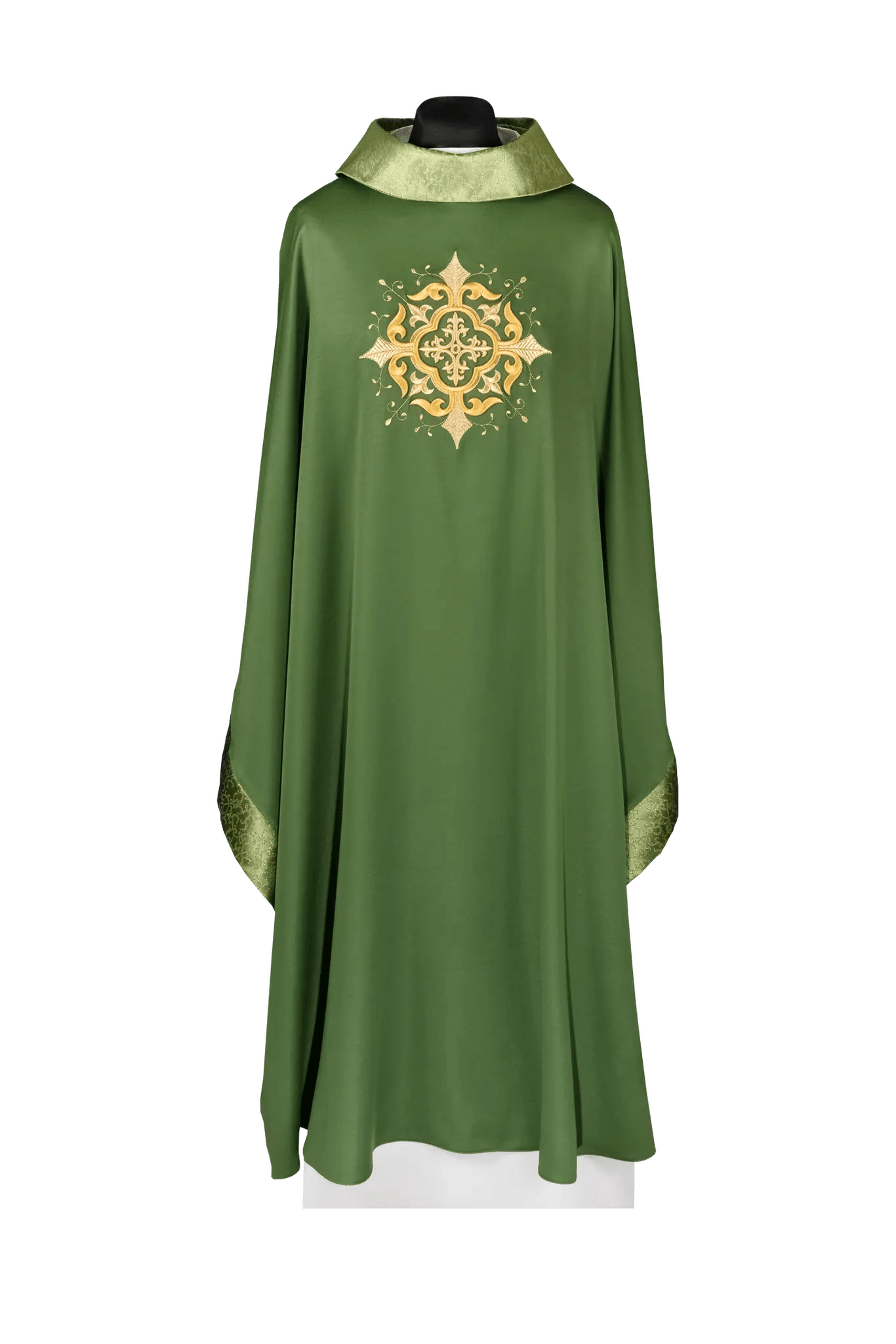 Liturgical chasuble with an embroidered cross motif and elaborate finishing in green