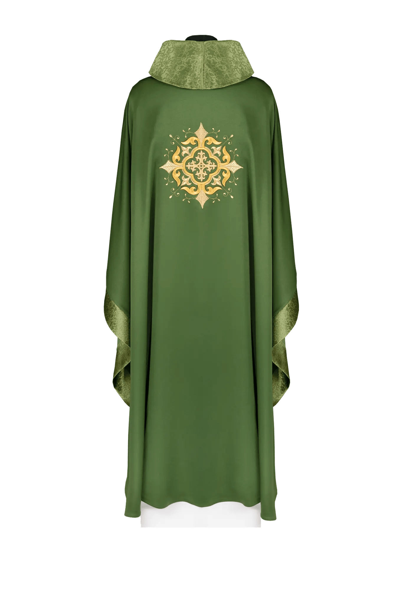 Liturgical chasuble with an embroidered cross motif and elaborate finishing in green