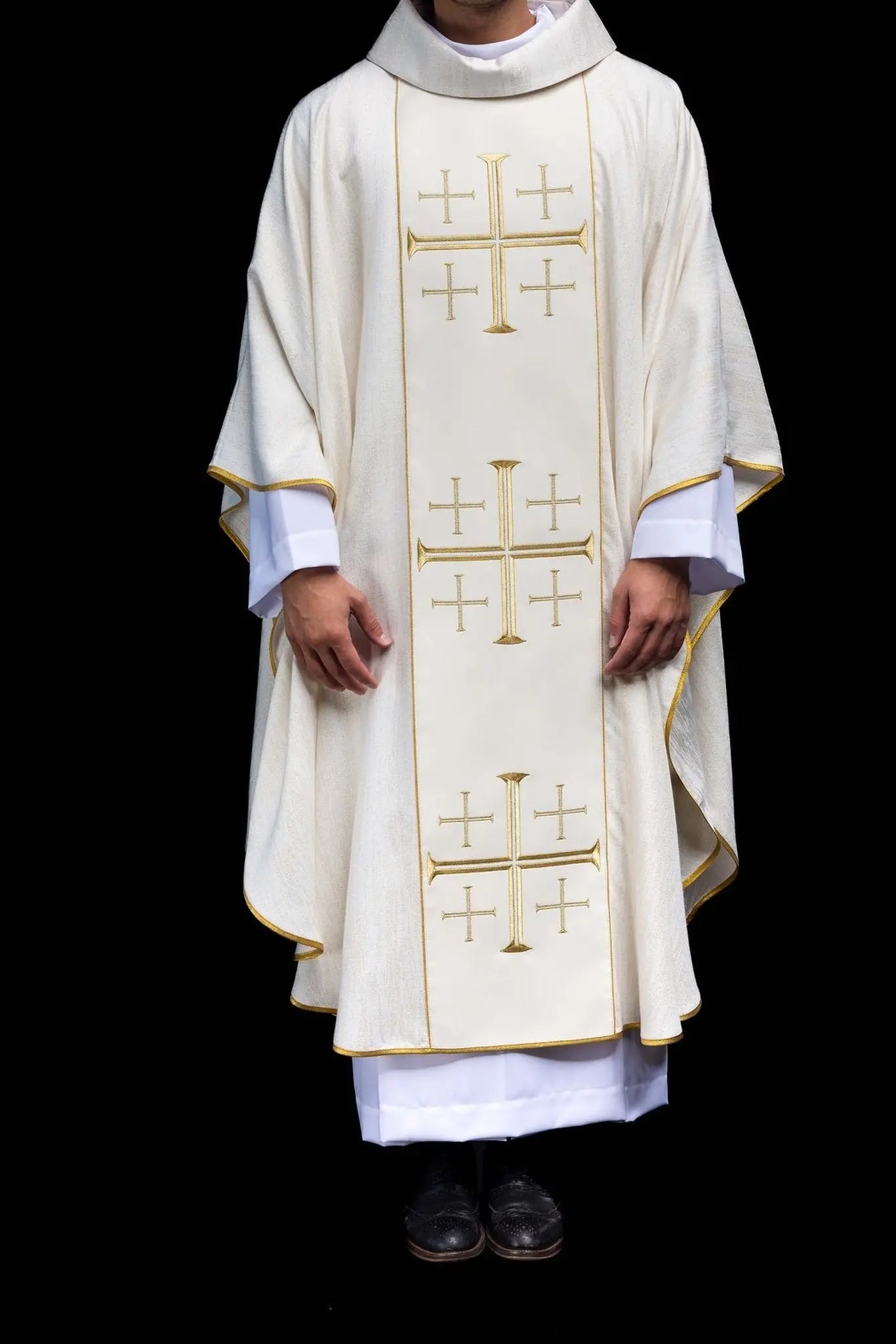 Embroidered Chasuble with Band and Jerusalem Crosses Ecru