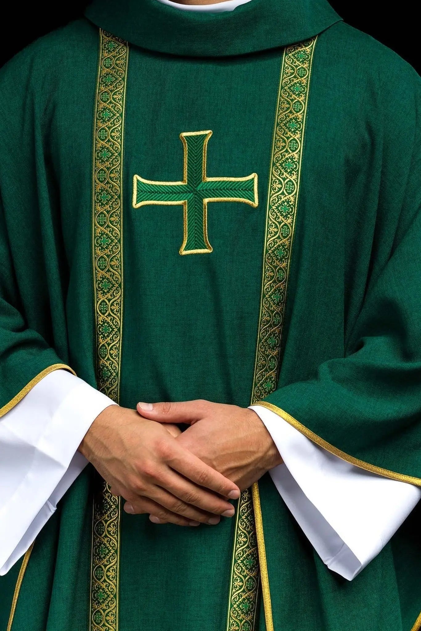 Green liturgical chasuble with embroidered cross and jacquard bands