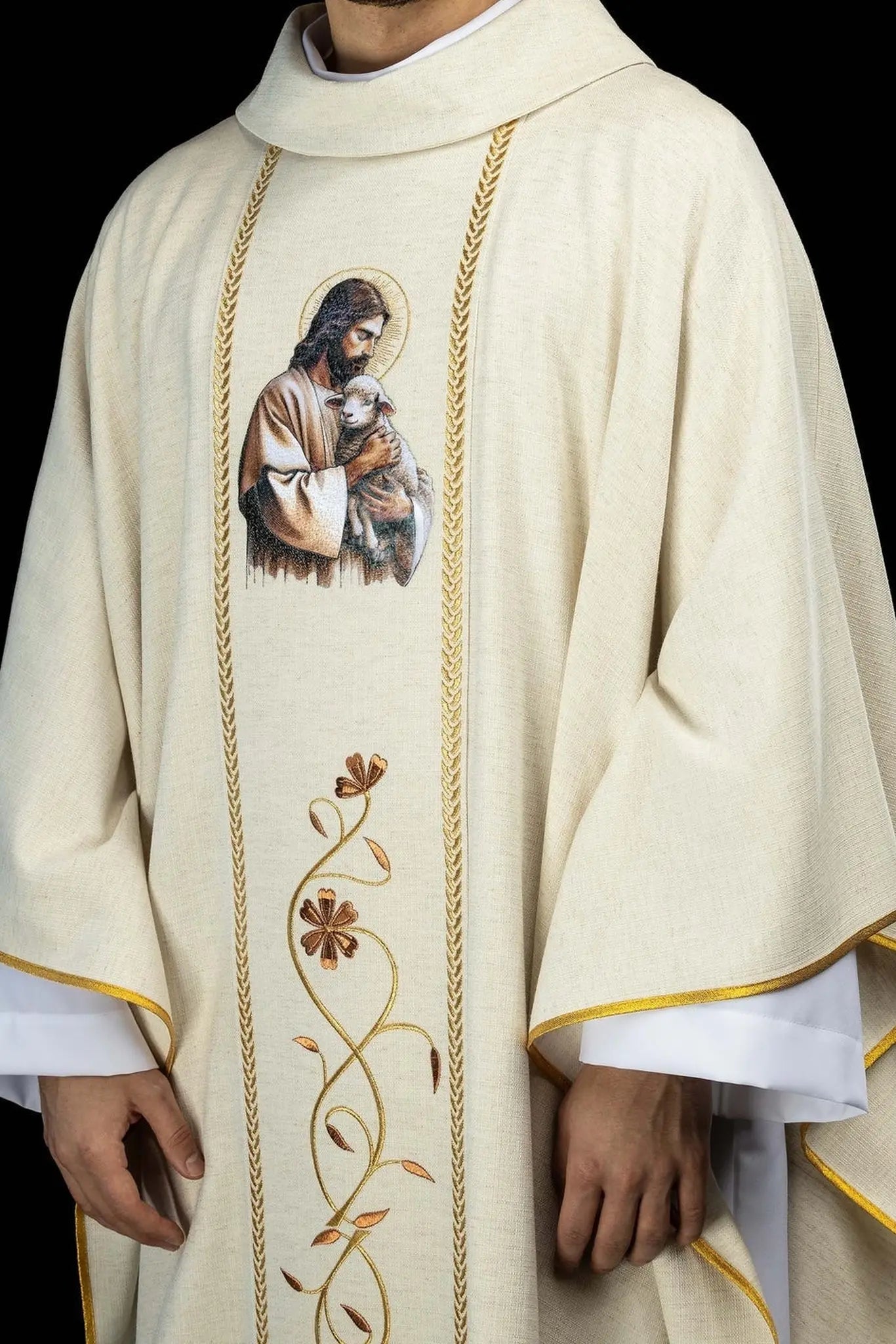Ecru Chasuble with Good Shepherd Embroidery and Decorative Orphrey Bands