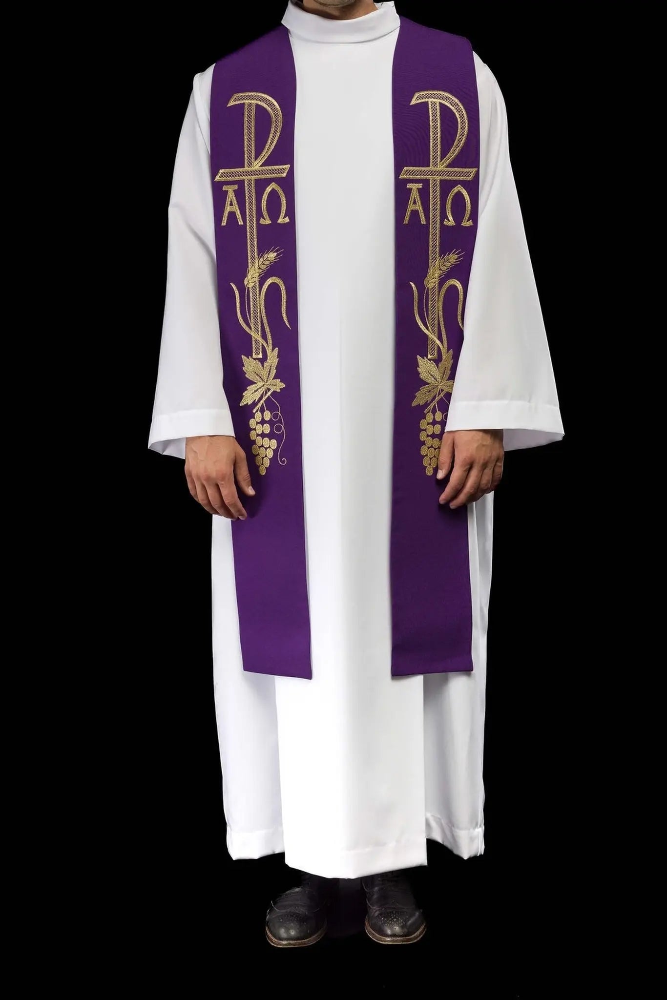Alpha and Omega embroidered purple priest's stole