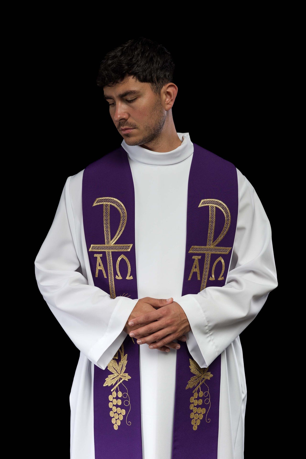 Stuła kapłańska fioletowa haftowana Alfa i Omega - ORNATY.PL