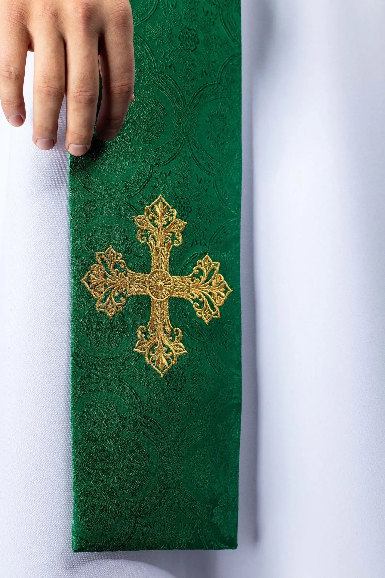 Green Jacquard Stole with Gold Cross Embroidery
