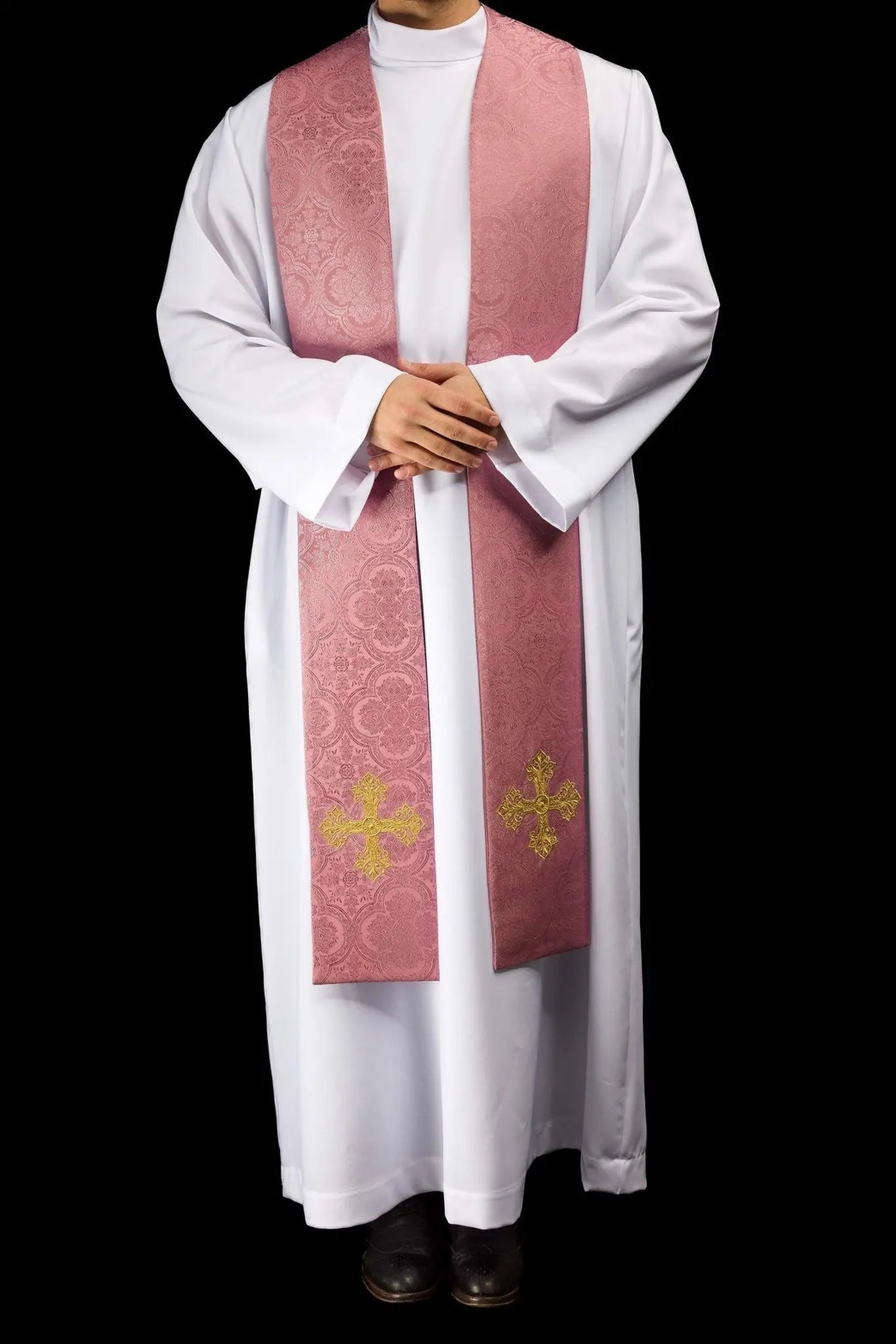 Pink Jacquard Stole with Gold Cross Embroidery