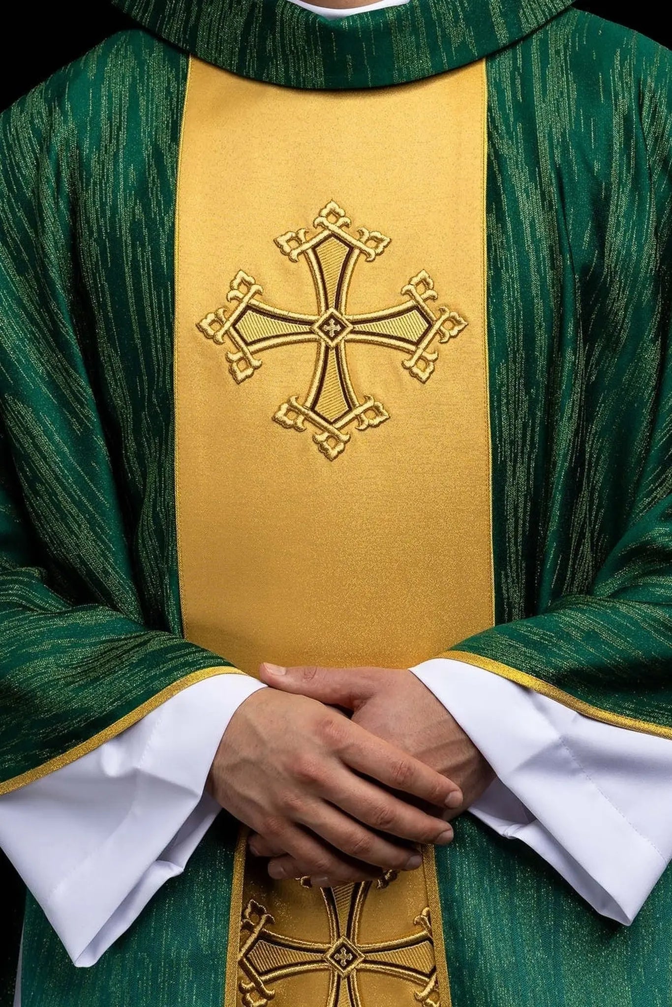 Green Chasuble with Embroidered Cross on Decorative Orphrey