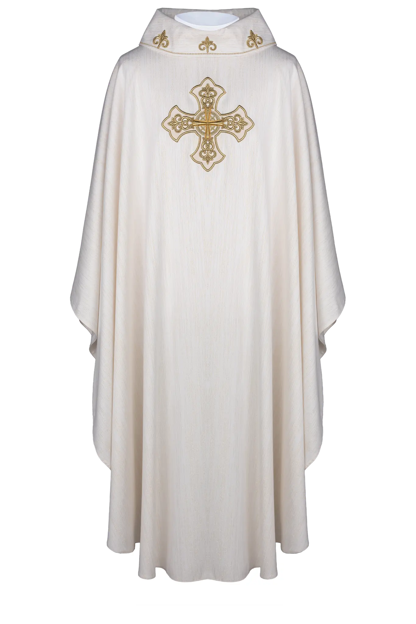 Ecru chasuble with richly embroidered cross and decorated collar